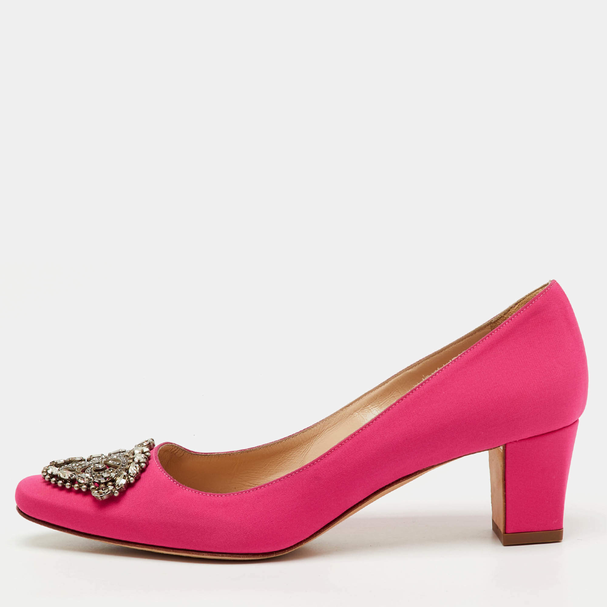 Pre Owned Manolo Blahnik Pink Satin Okkato Crystal Embellished Block Heel Pumps Size 38