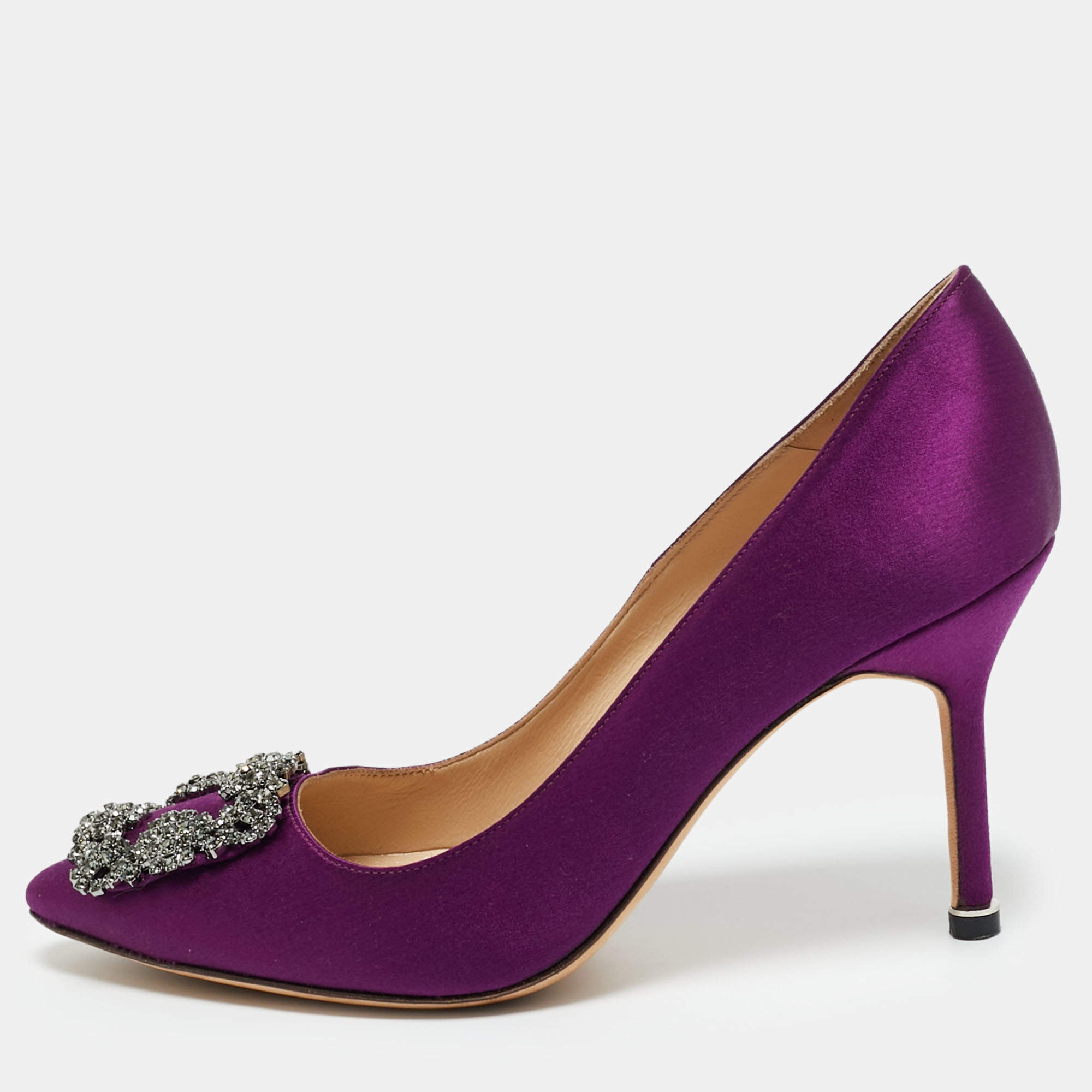 Pre Owned Manolo Blahnik Purple Satin Hangisi Crystal Embellished Pumps Size 37