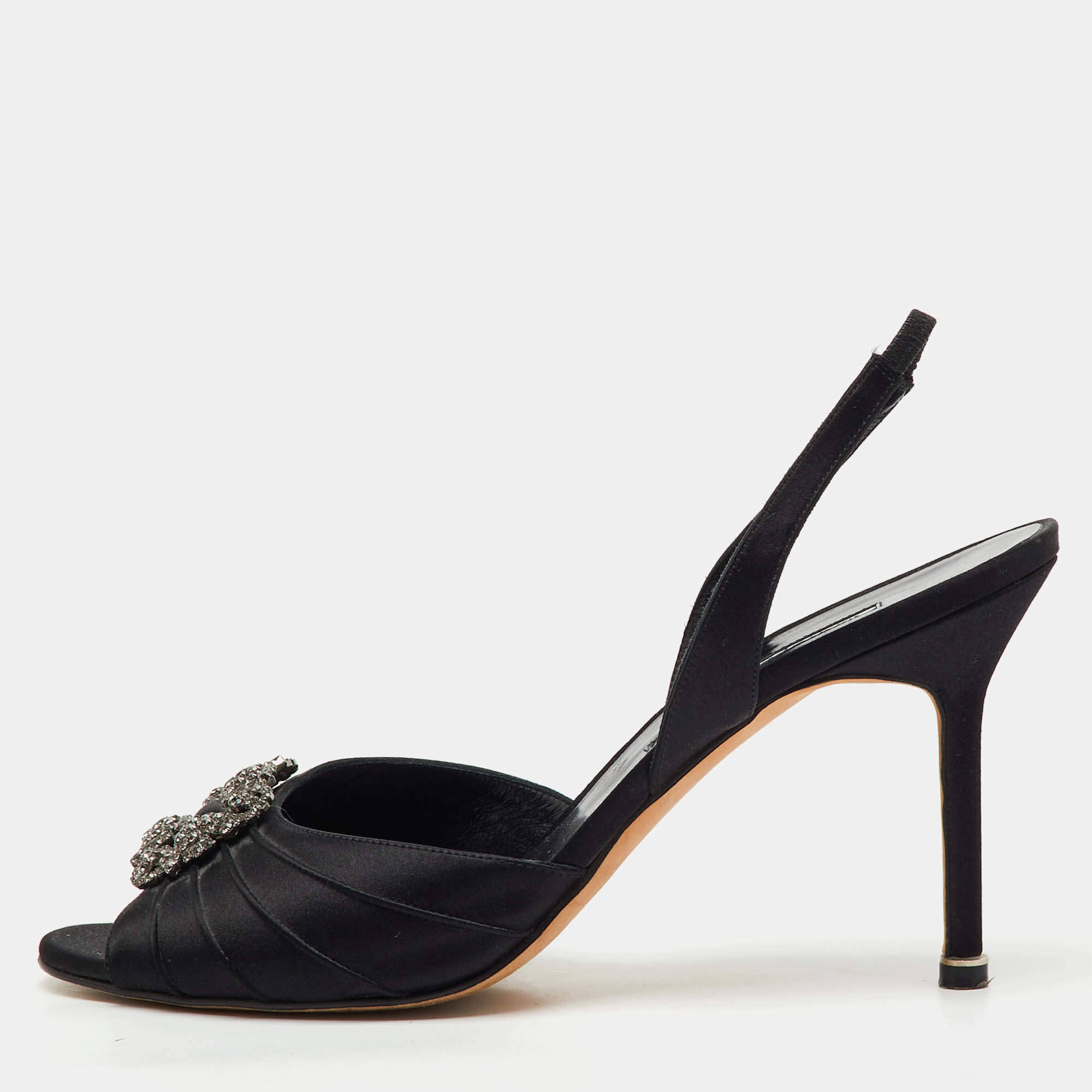 Pre Owned Manolo Blahnik Black Satin Cassia Peep Toe Slingback Sandals Size 40.5