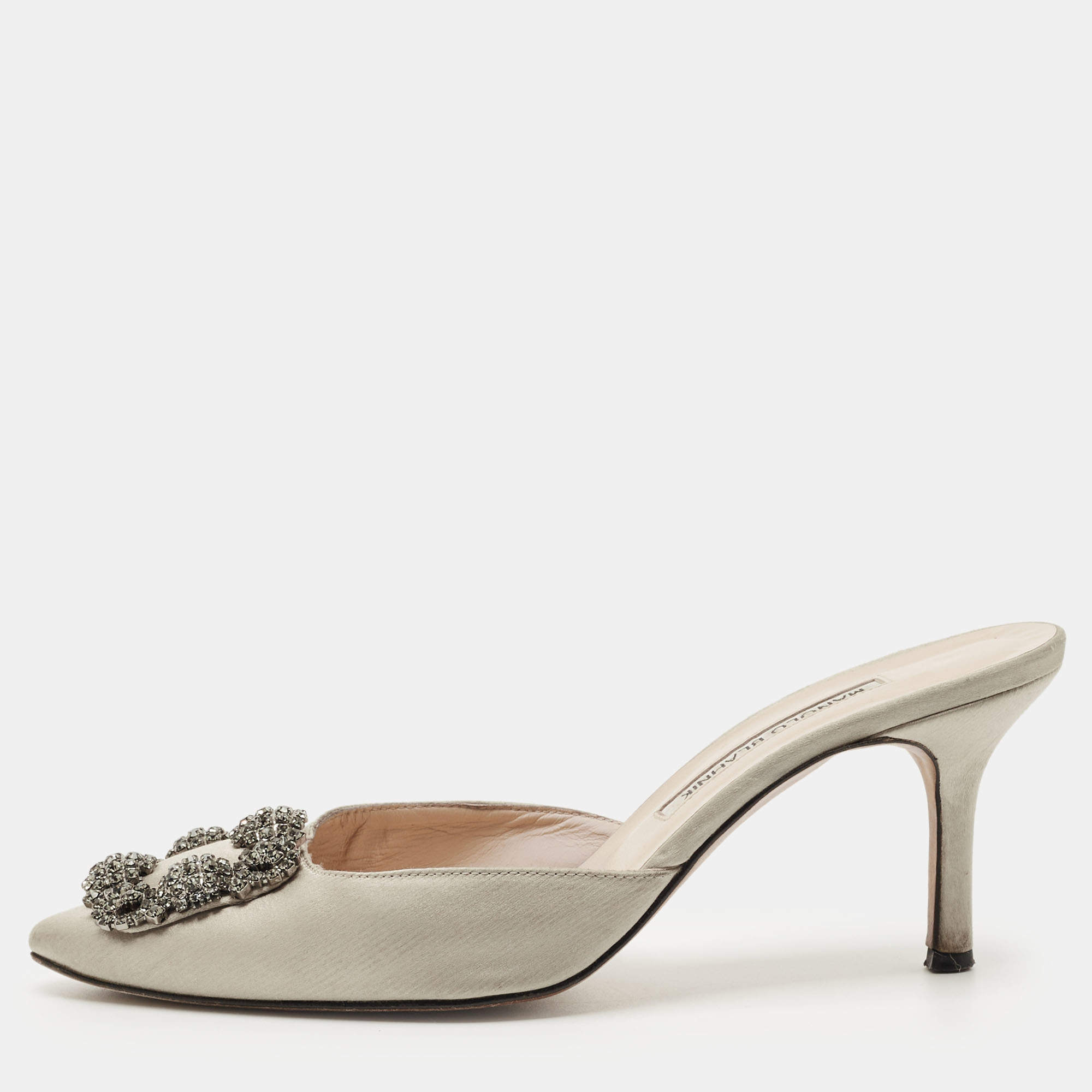 Pre Owned Manolo Blahnik Grey Satin Hangisi Mules Size 38.5
