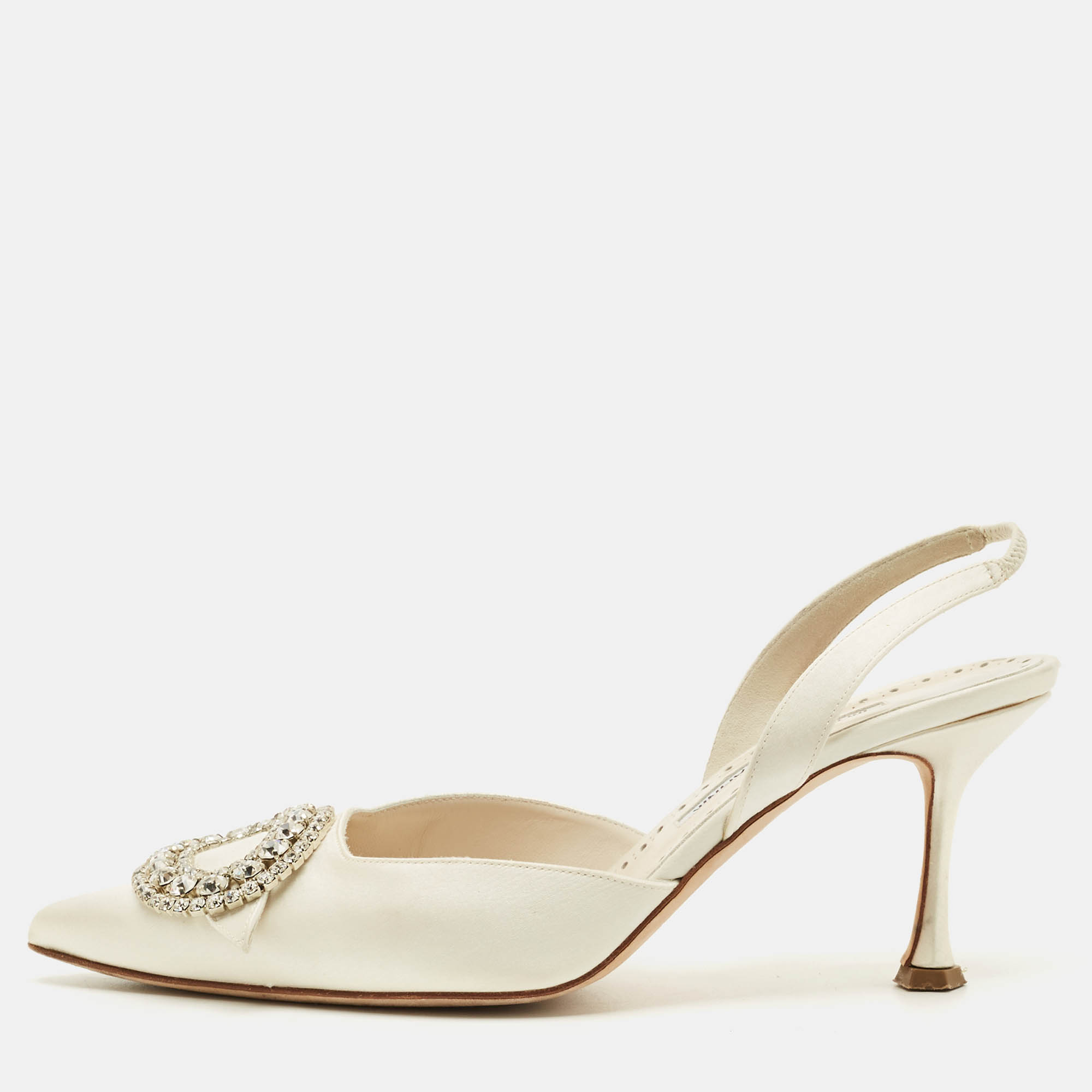 Pre Owned Manolo Blahnik Cream Satin Prietasli Slingback Sandals Size 38.5