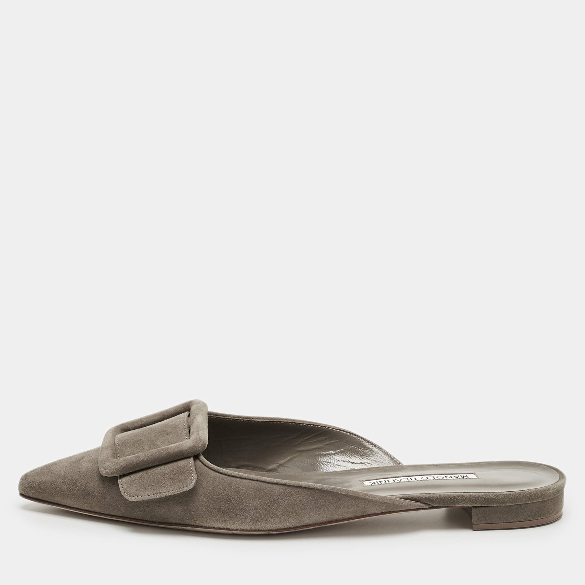 Pre Owned Manolo Blahnik Grey Suede Maysale Flat Mules Size 38.5