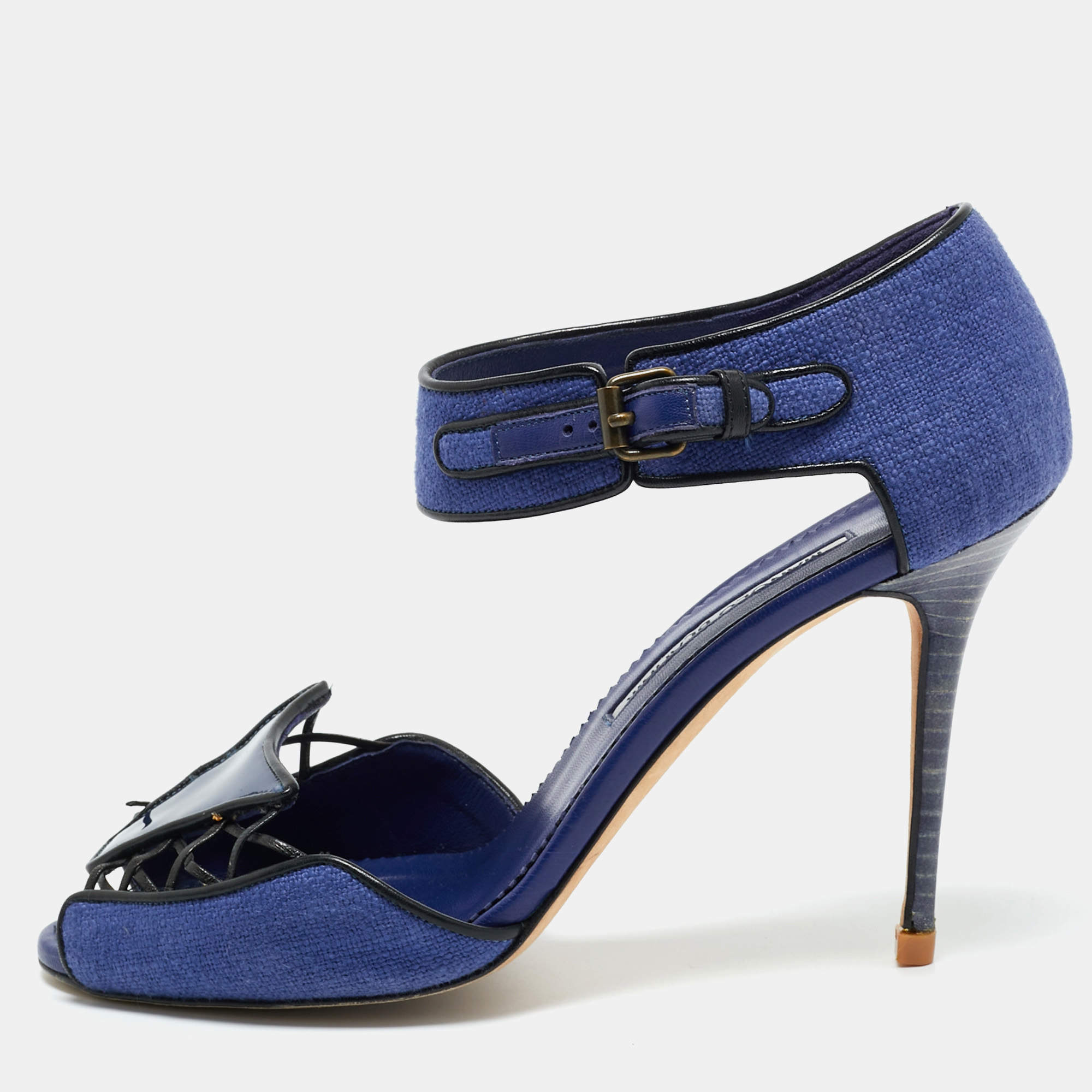 Pre Owned Manolo Blahnik Navy Blue Fabric and Patent Leather Ankle Strap Sandals Size 37.5