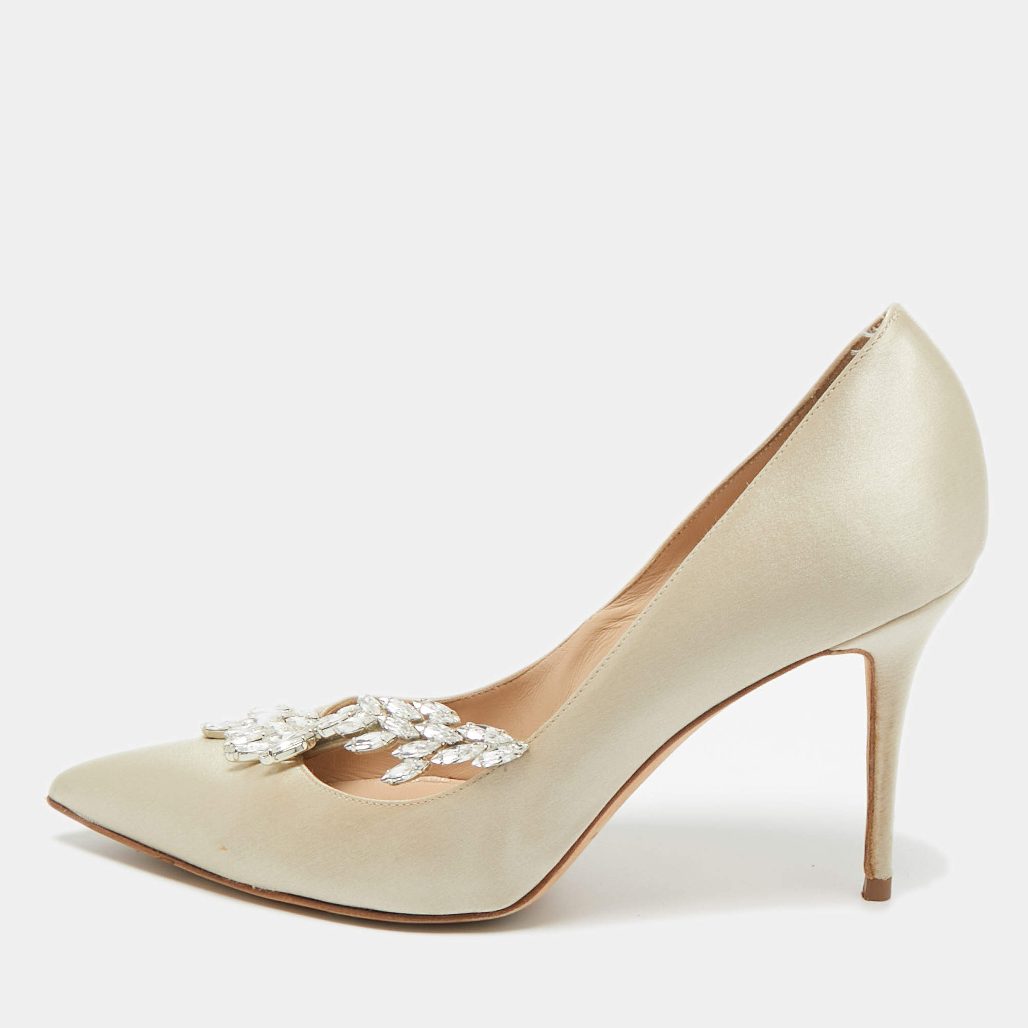 Pre Owned Manolo Blahnik Grey Satin Jewel Nadira Pointed Toe Pumps Size 38.5