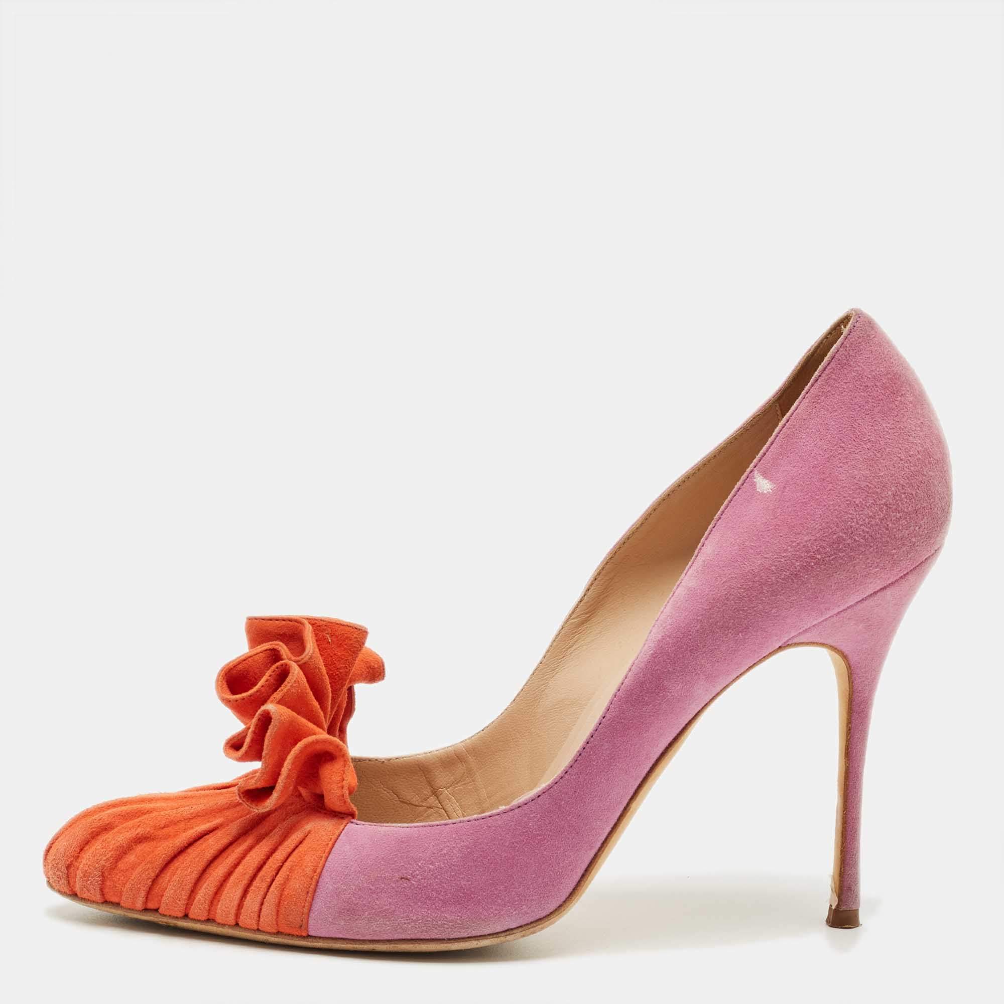 Pre Owned Manolo Blahnik Purple/Orange Suede Ruffle Pumps Size 39.5