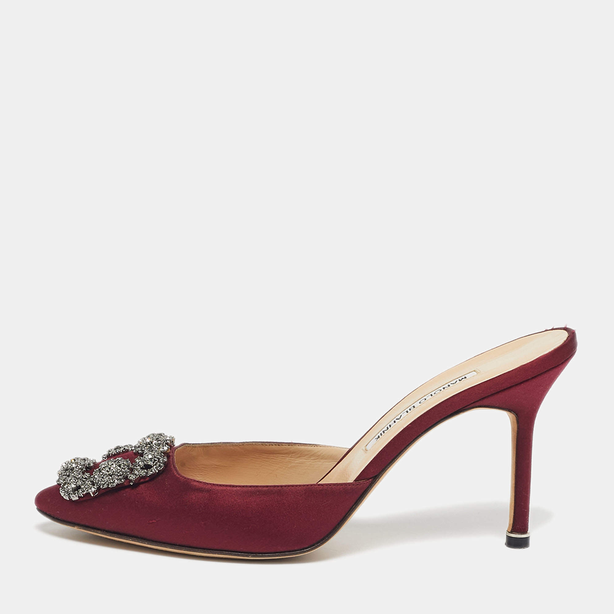 Pre Owned Manolo Blahnik Burgundy Satin Hangisi Mules Size 38.5