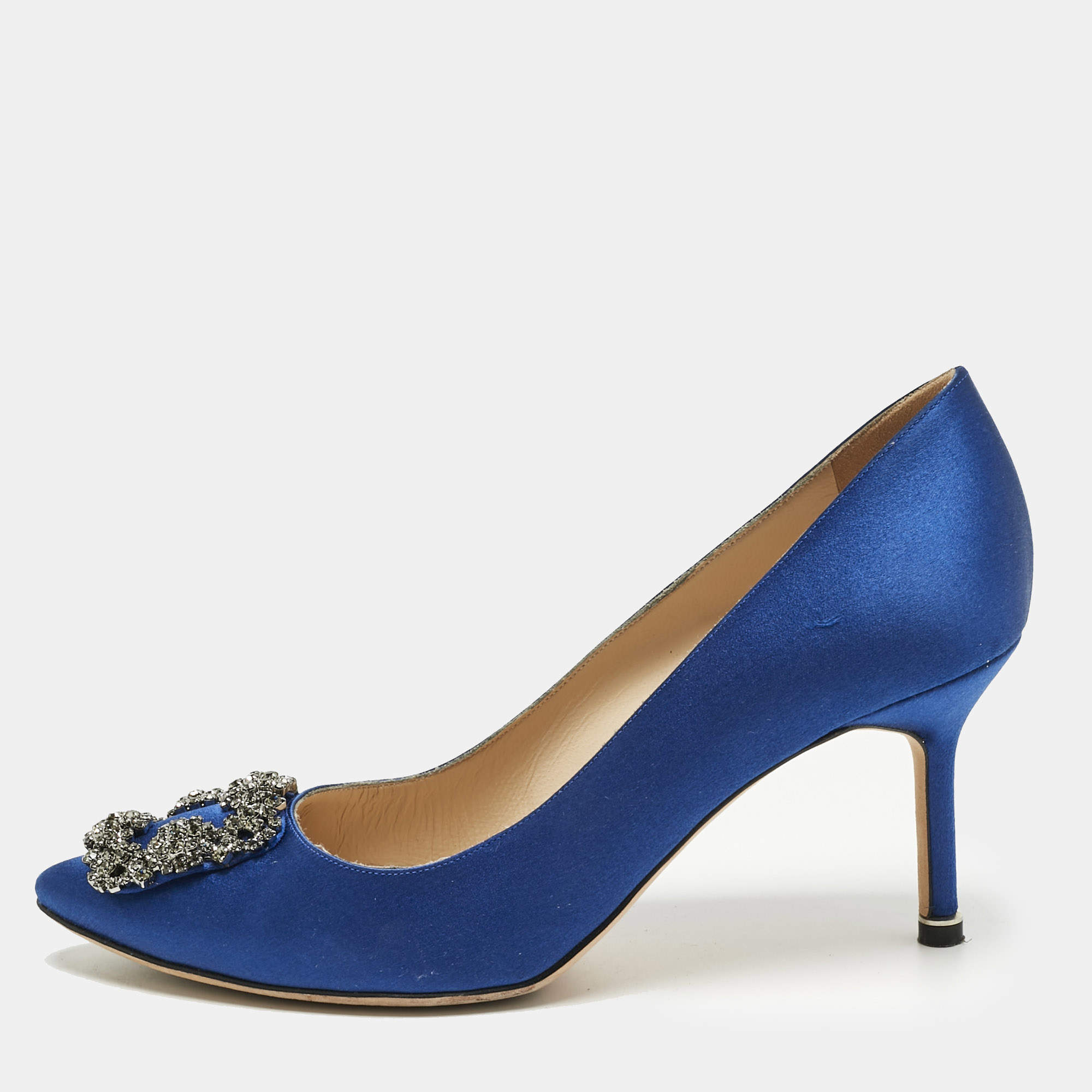 Pre Owned Manolo Blahnik Blue Satin Hangisi Crystal Embellished Pumps Size 39