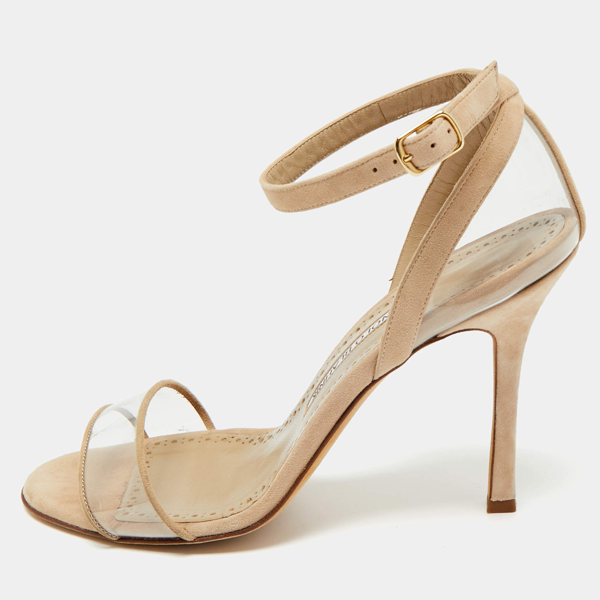 مملوكة مسبقًا Manolo Blahnik Beige PVC and Suede Ankle Strap Sandals Size 38