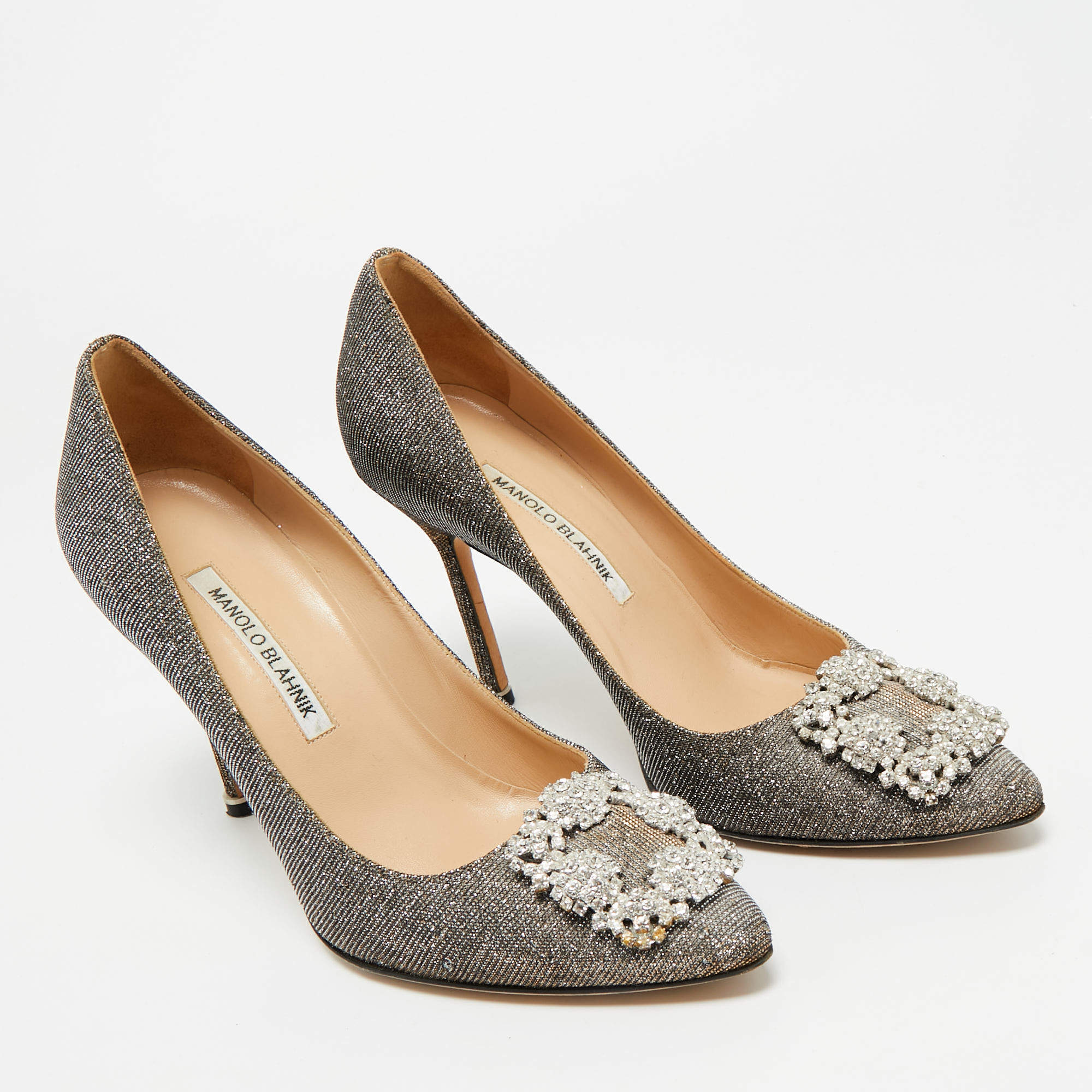 Pre Owned Manolo Blahnik Gold Metallic Lurex Fabric Hangisi Pumps Size 38.5