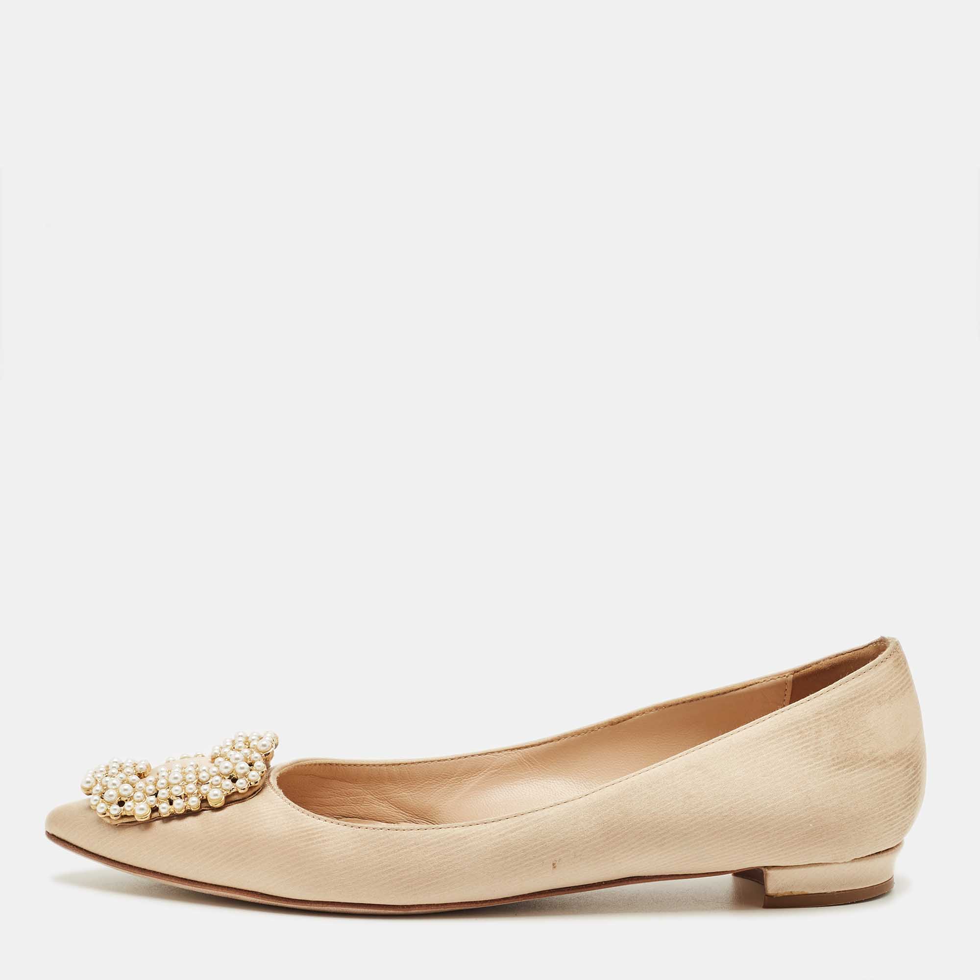 Pre Owned Manolo Blahnik Beige Satin Hangisi Ballet Flats Size 36
