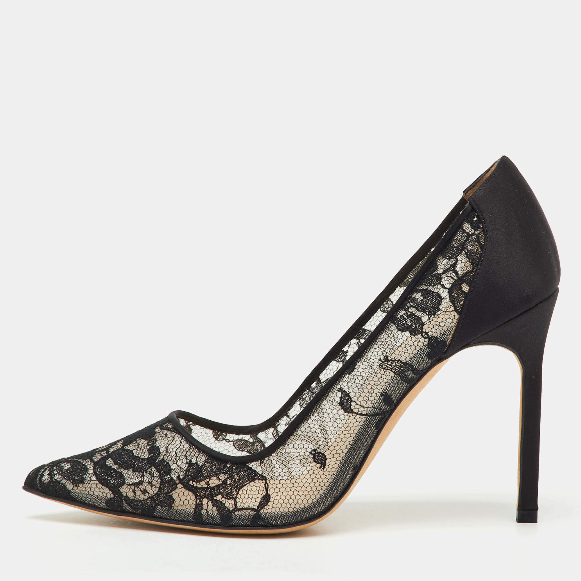 Pre Owned Manolo Blahnik Black Lace and Satin BB Pointed Toe Pumps Size 36.5