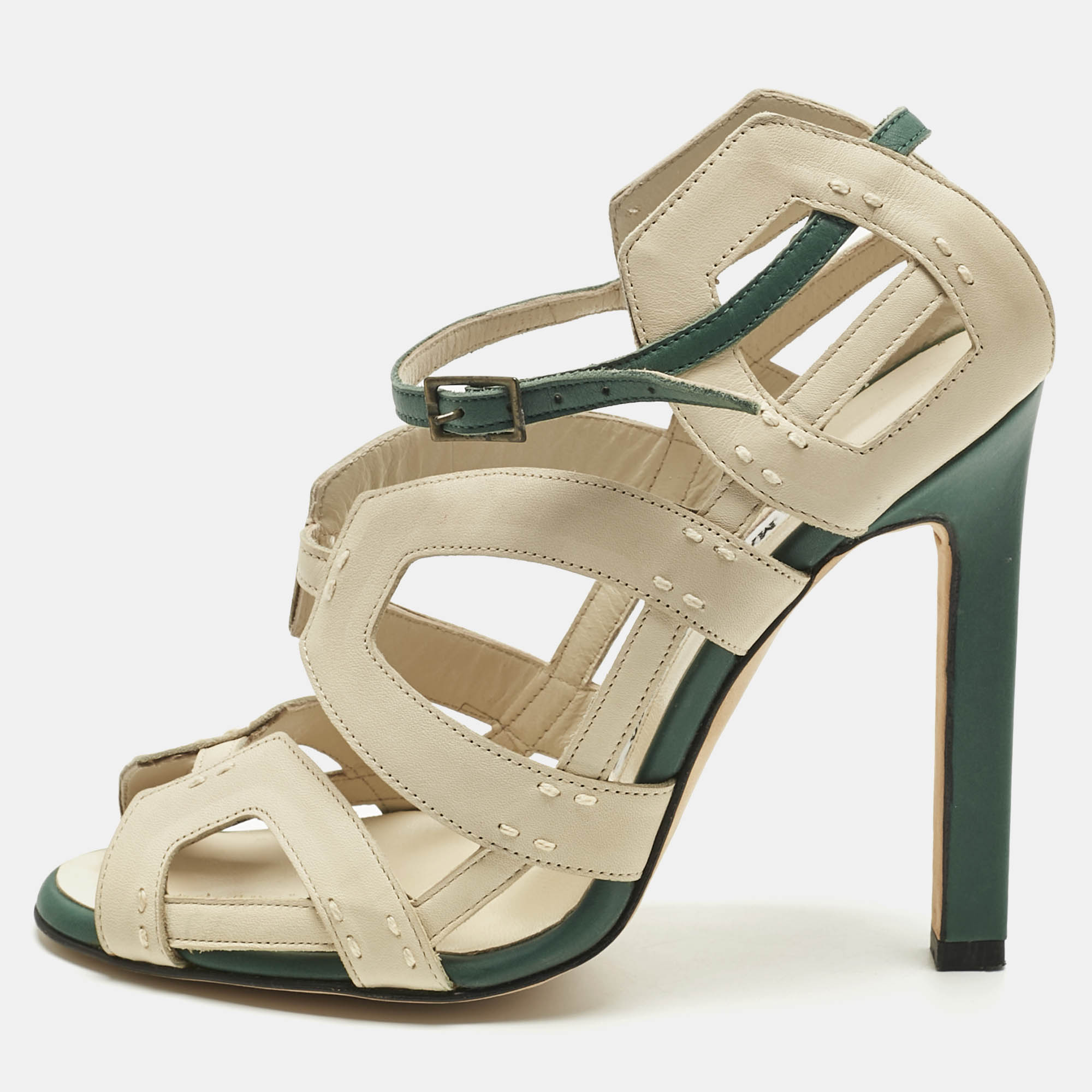 Pre Owned Manolo Blahnik White/Green Leather Strappy Ankle Strap Sandals Size 36.5