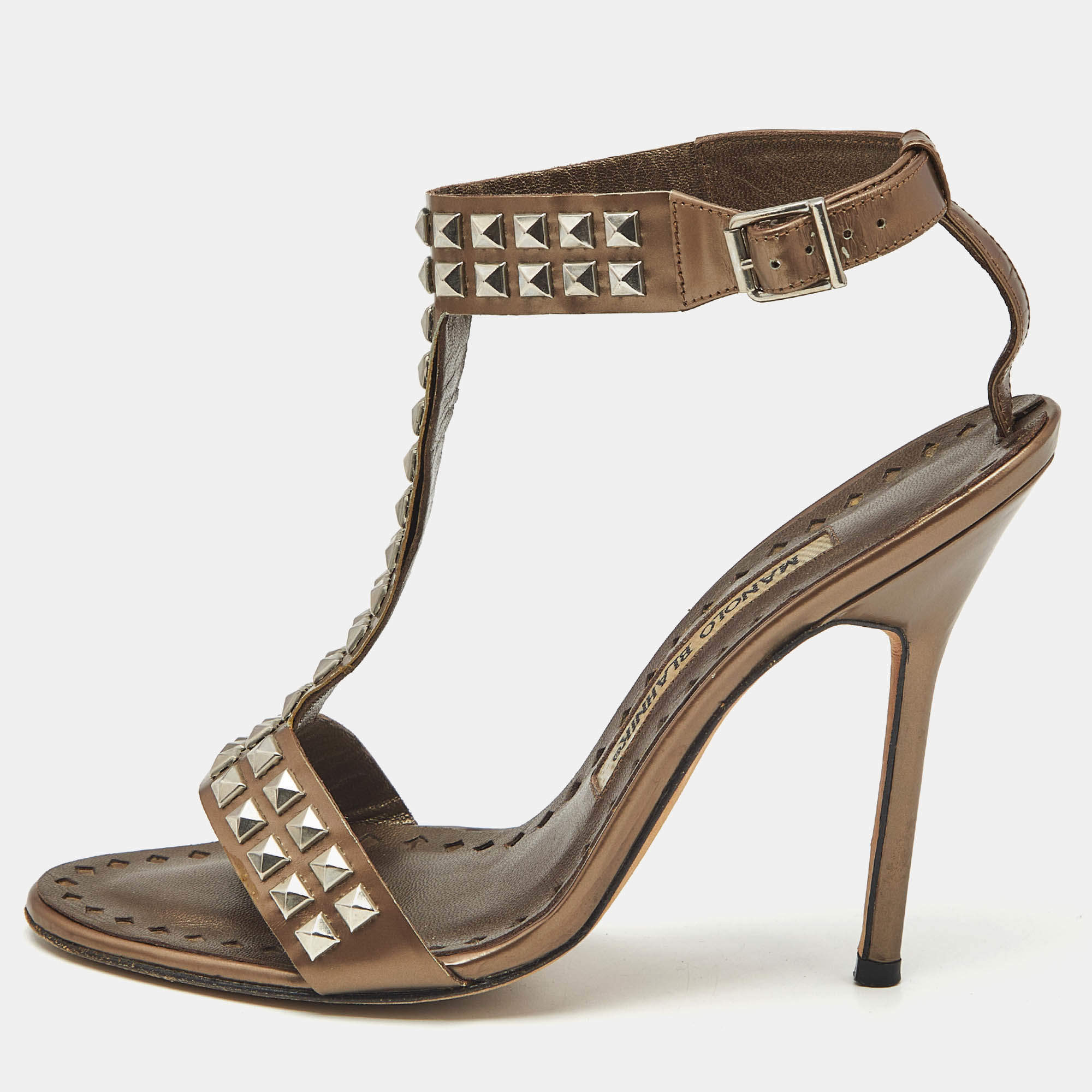 Pre Owned Manolo Blahnik  Brown Leather T Strap Sandals Size 35.5