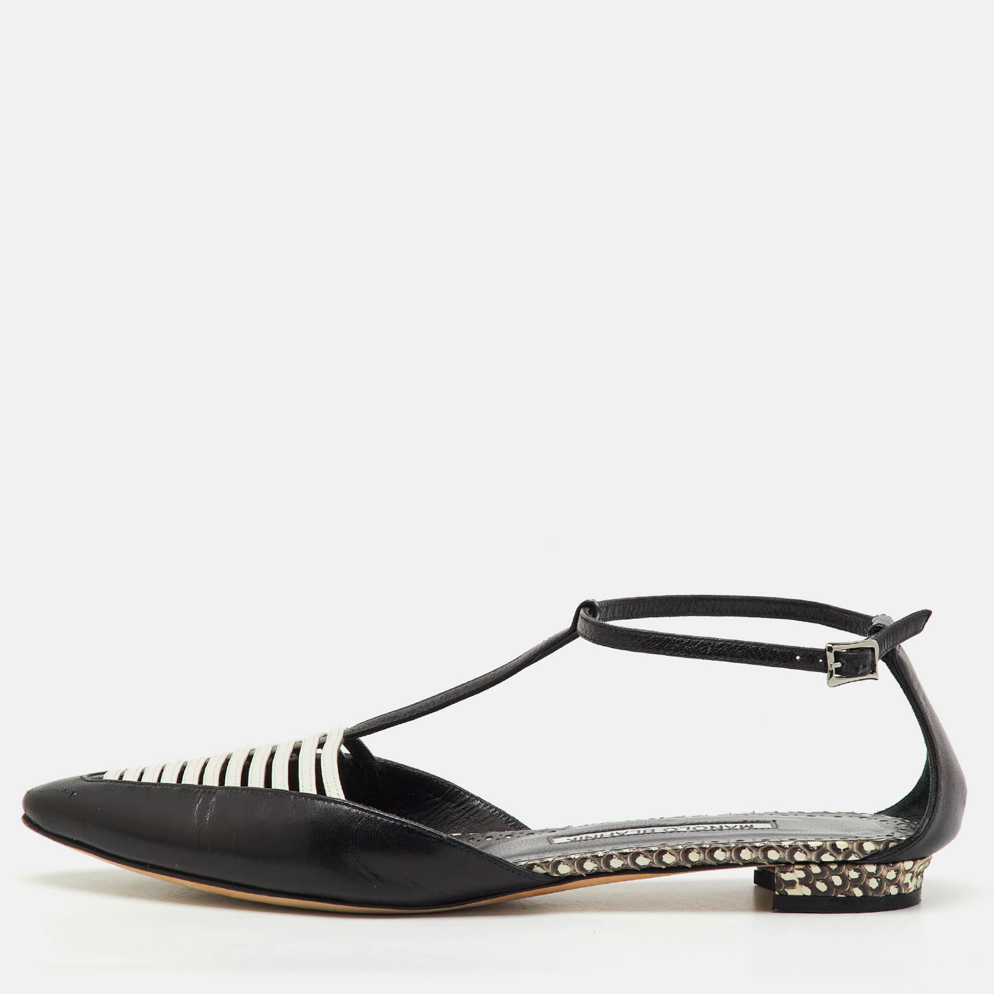 Pre Owned Manolo Blahnik Black/White Leather Carolyne Flat Strappy Sandals Size 36