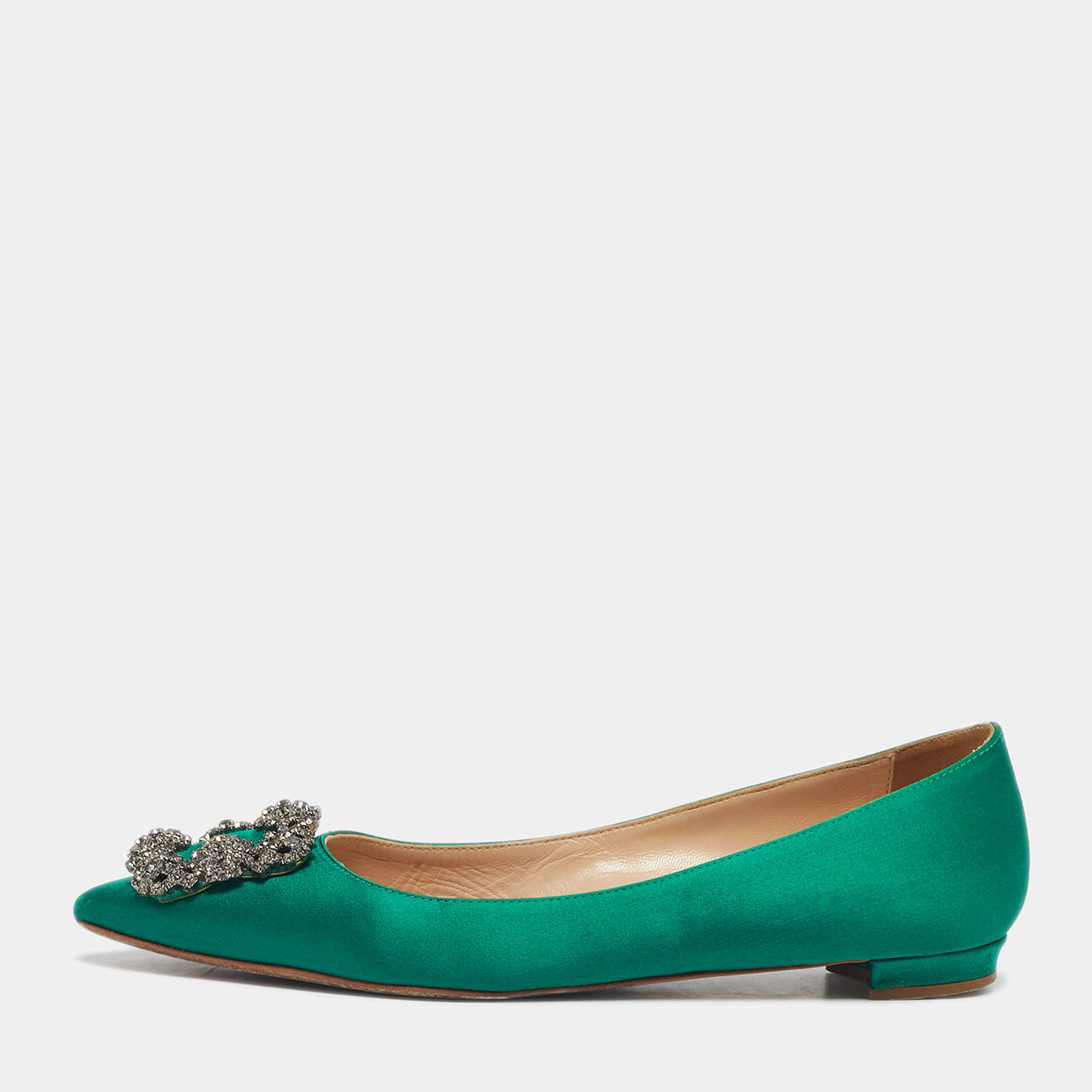 Pre Owned Manolo Blahnik Green Satin Hangisi Ballet Flats Size 37.5