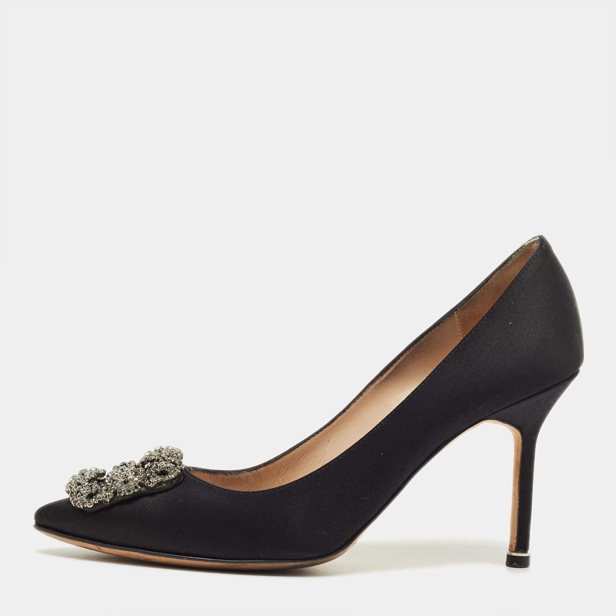 Pre Owned Manolo Blahnik Black Satin Hangisi Crystal Embellished Pumps Size 38.5