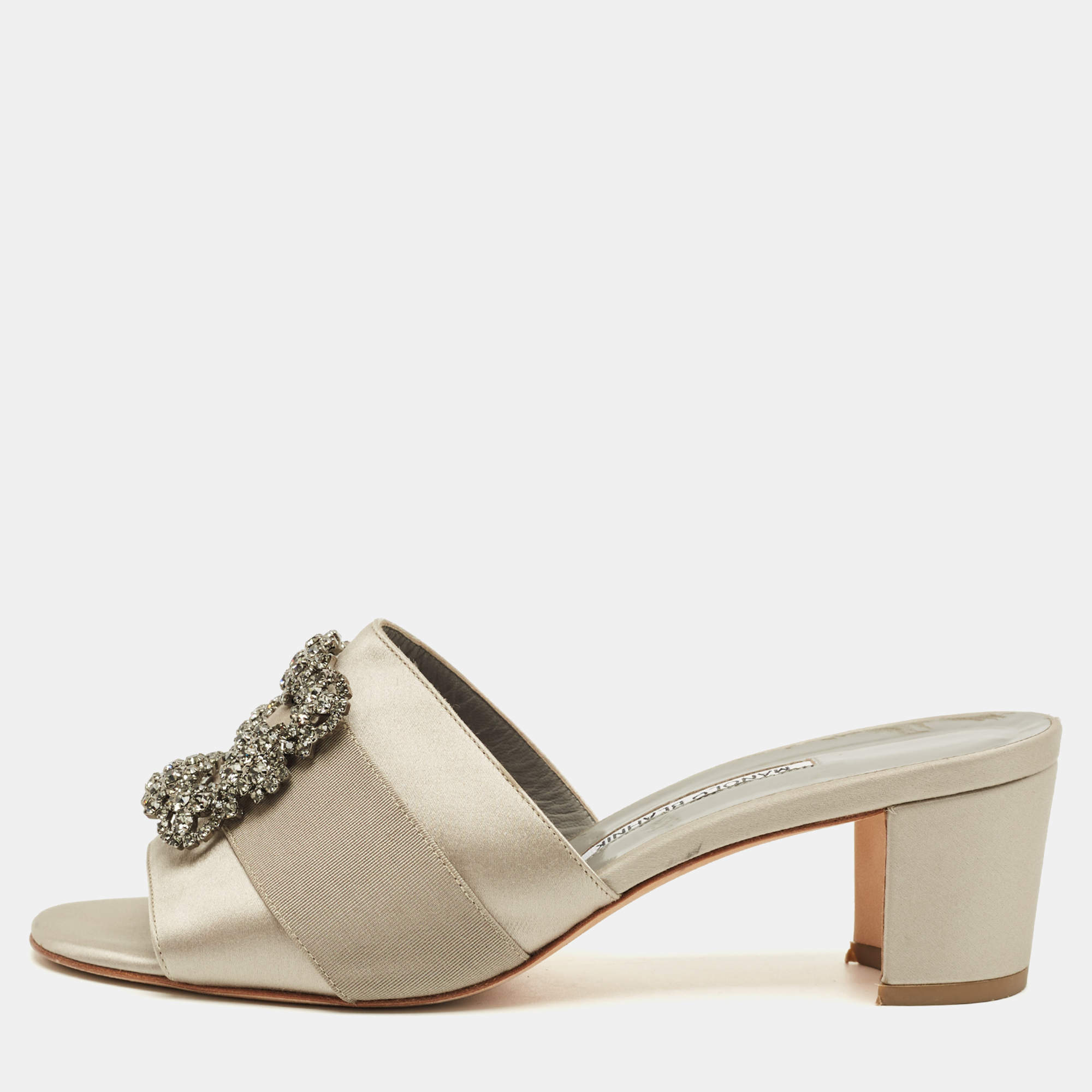Pre Owned Manolo Blahnik Grey Satin Martamod Slide Sandals Size 40.5
