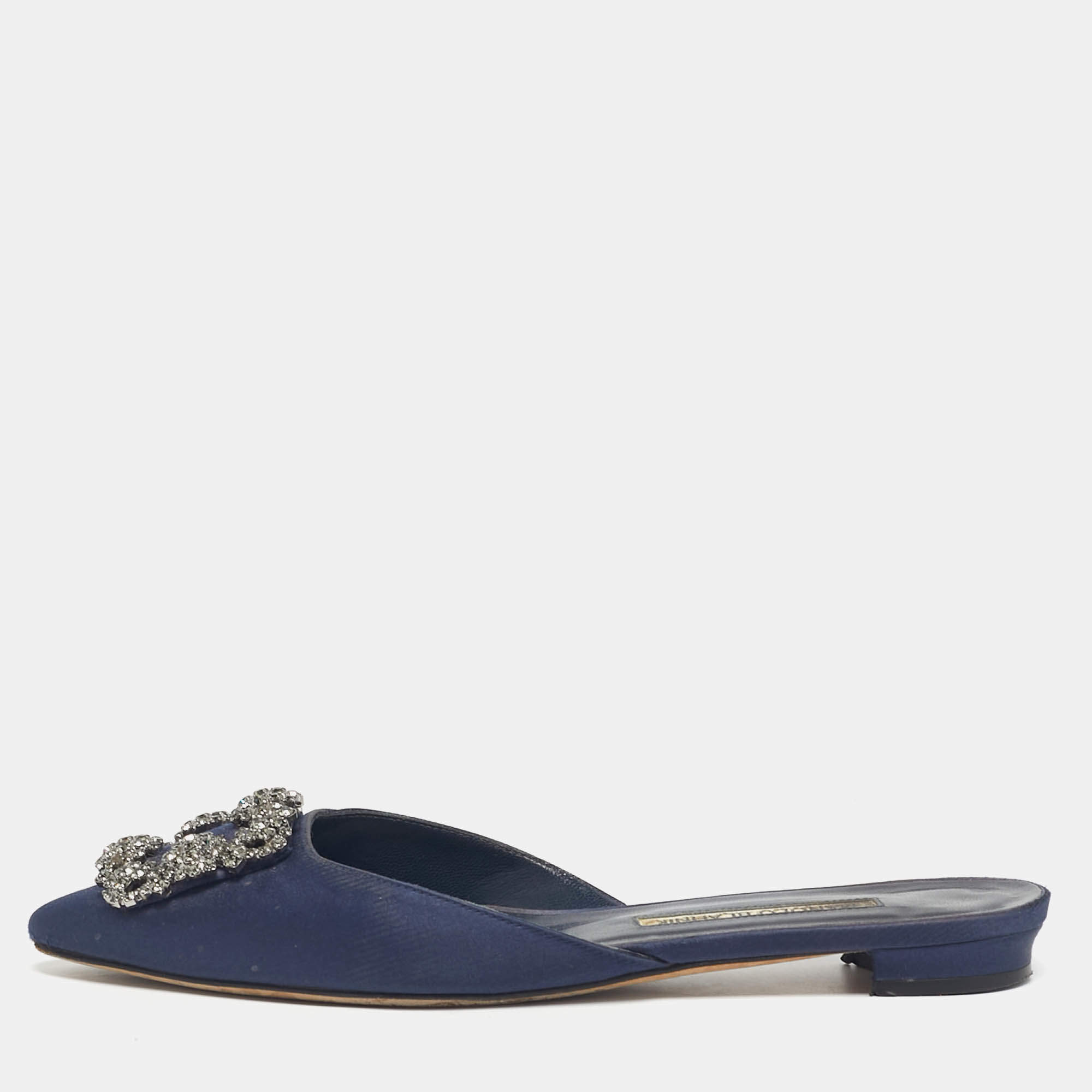 Pre Owned Manolo Blahnik Navy Blue Satin Hangisi Crystal Embellished Flat Mules Size 36.5