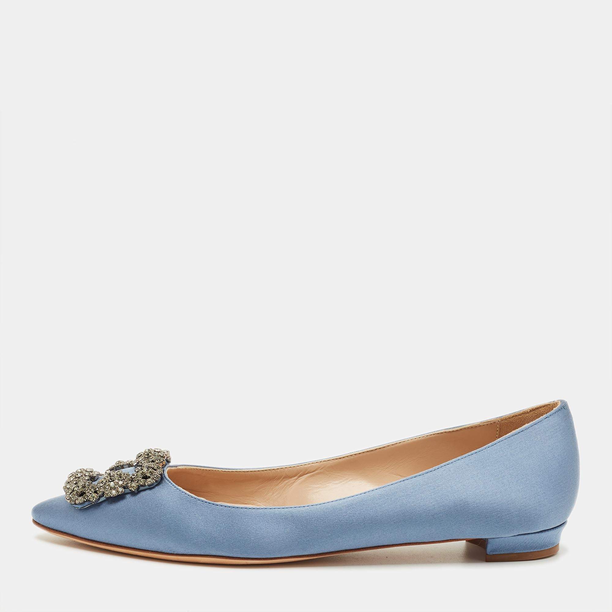 Pre Owned Manolo Blahnik Hangisi Size 39.5 Blue Satin Ballet Flats