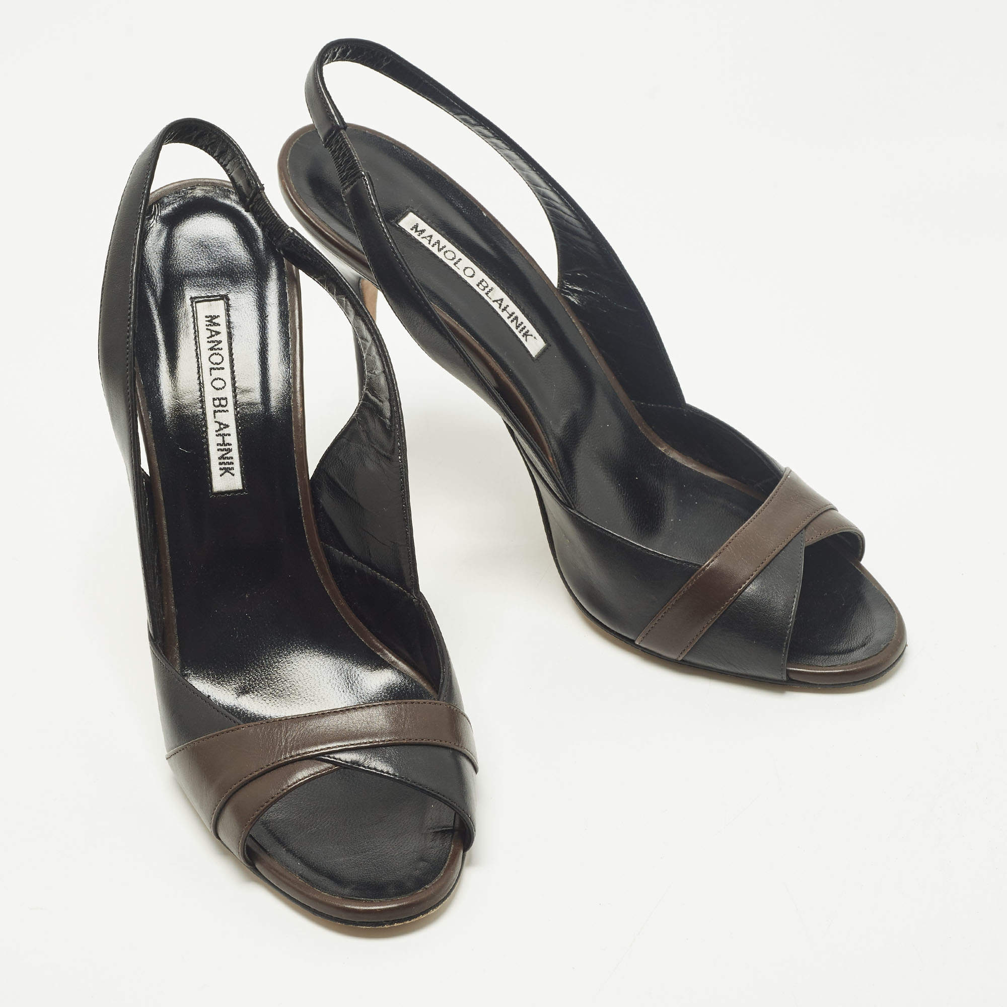 Pre Owned Manolo Blahnik Size 40 Brown/Black Leather Peep Toe Slingback Pumps