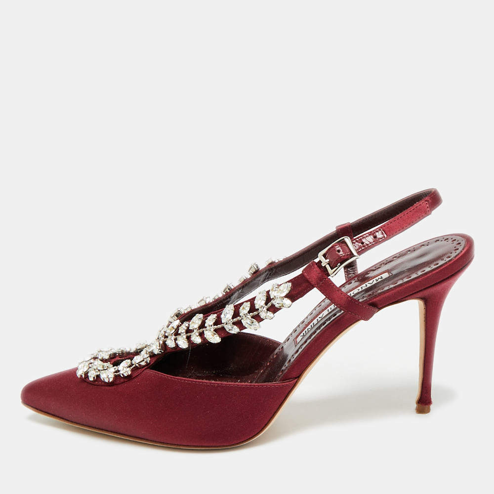 Pre Owned Manolo Blahnik Lurum Size 37.5 Burgundy Satin Crystal Embellished Pumps