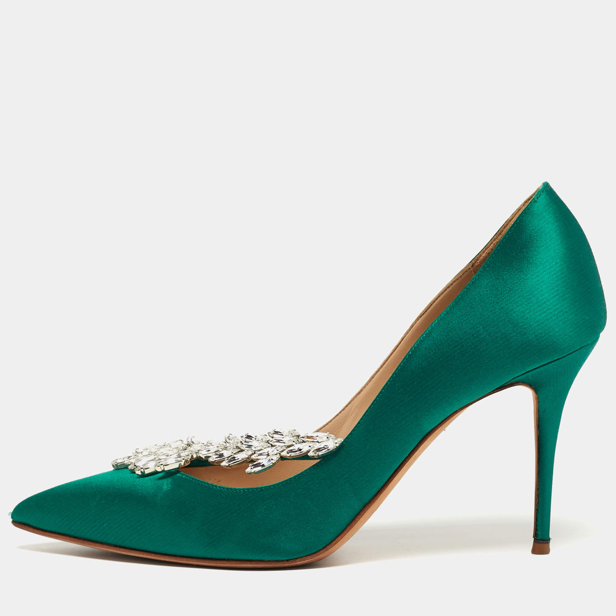 Pre Owned Manolo Blahnik Nadira Size 38.5 Green Satin Jewel Embellished Pointed Toe Pumps
