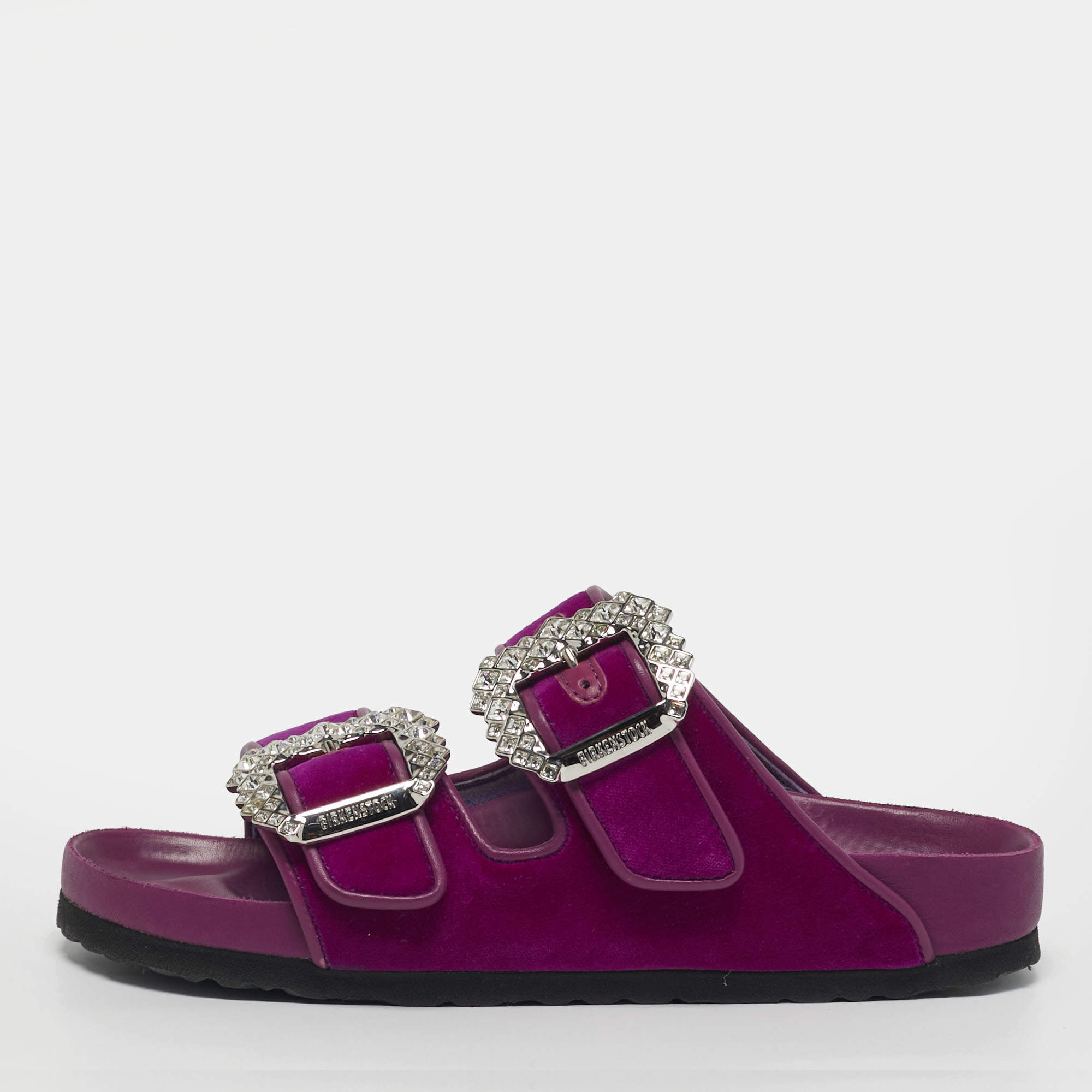 Pre Owned Manolo Blahnik Size 37 Purple Leather and Velvet Crystal Embellished Flat Sandals