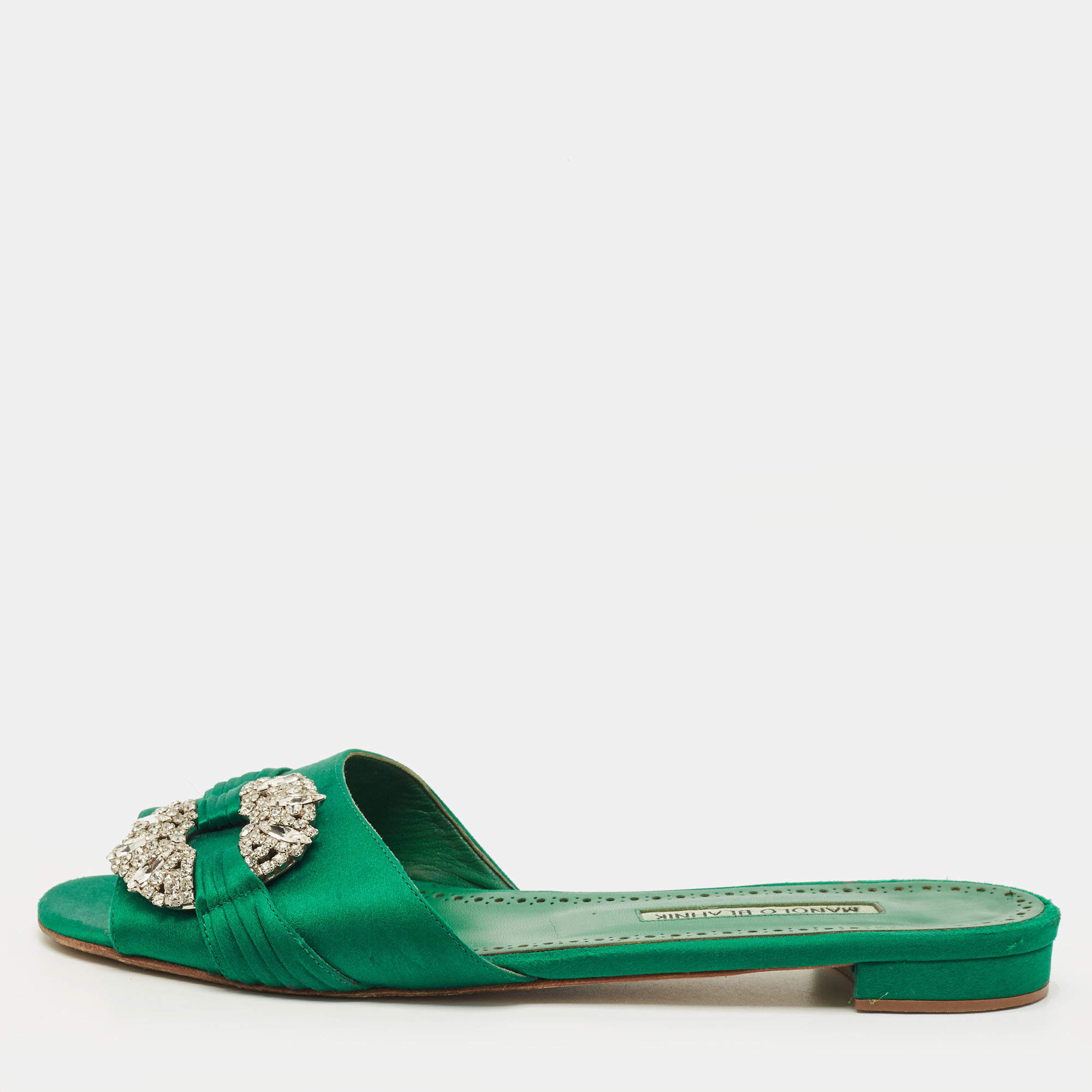 Pre Owned Manolo Blahnik Size 40.5 Green Satin Flat Slides 