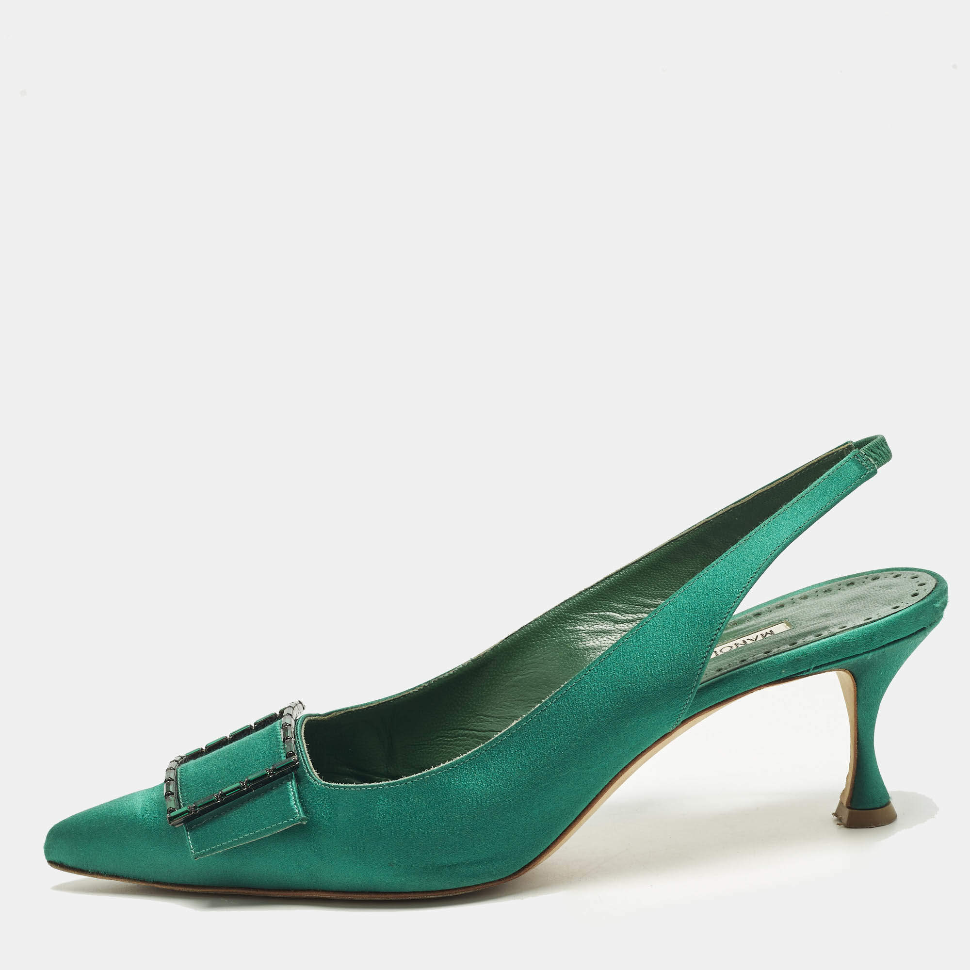 Pre Owned Manolo Blahnik Dolores Size 40 Green Satin Slingback Pumps