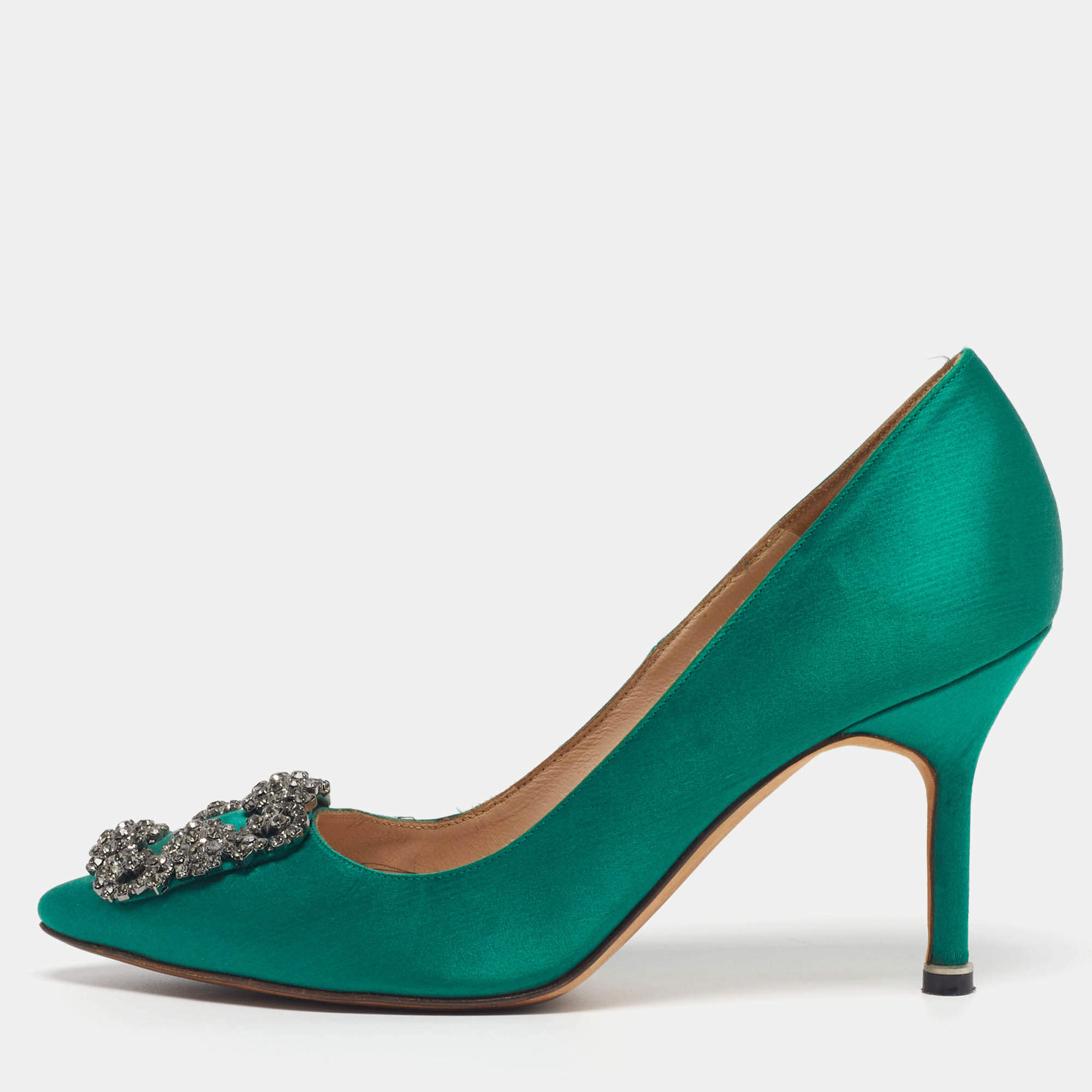 مملوكة مسبقًا Manolo Blahnik Hangisi Size 35.5 Green Satin Pumps