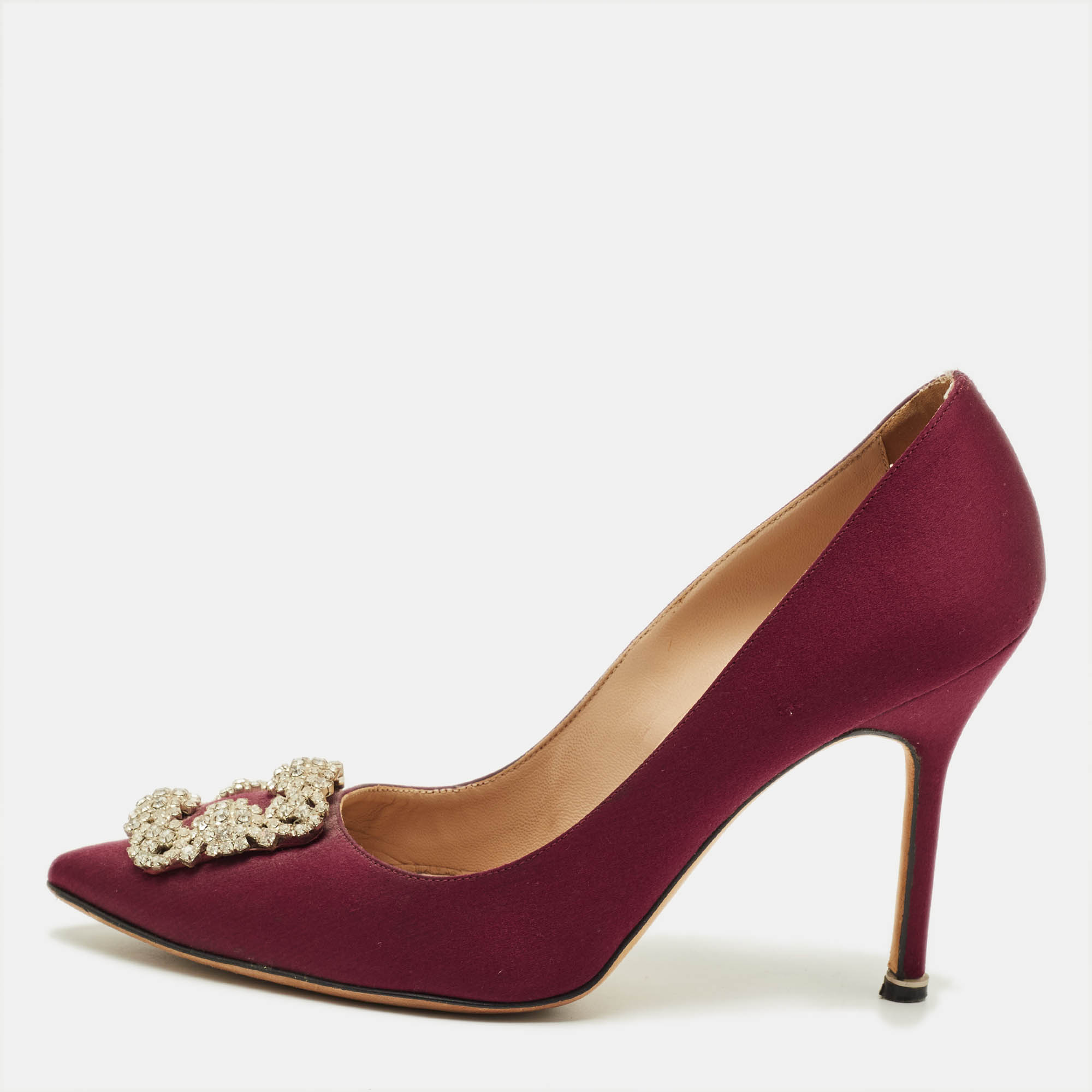 Pre Owned Manolo Blahnik Hangisi Size 39.5 Burgundy Satin Crystal Embellished Pumps