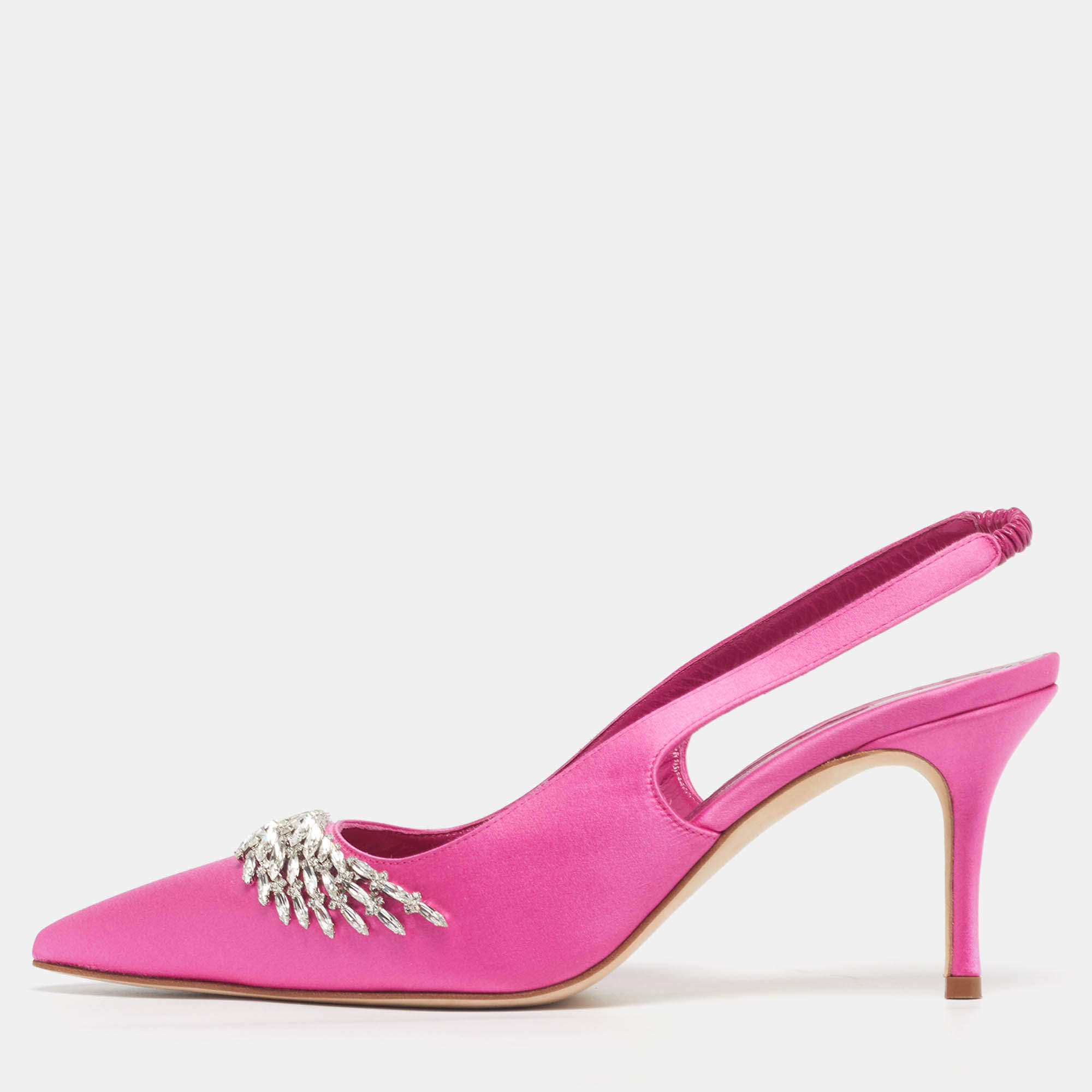 Pre Owned Manolo Blahnik Terala Size 40 Pink Satin Crystal Embellished Slingback Pumps