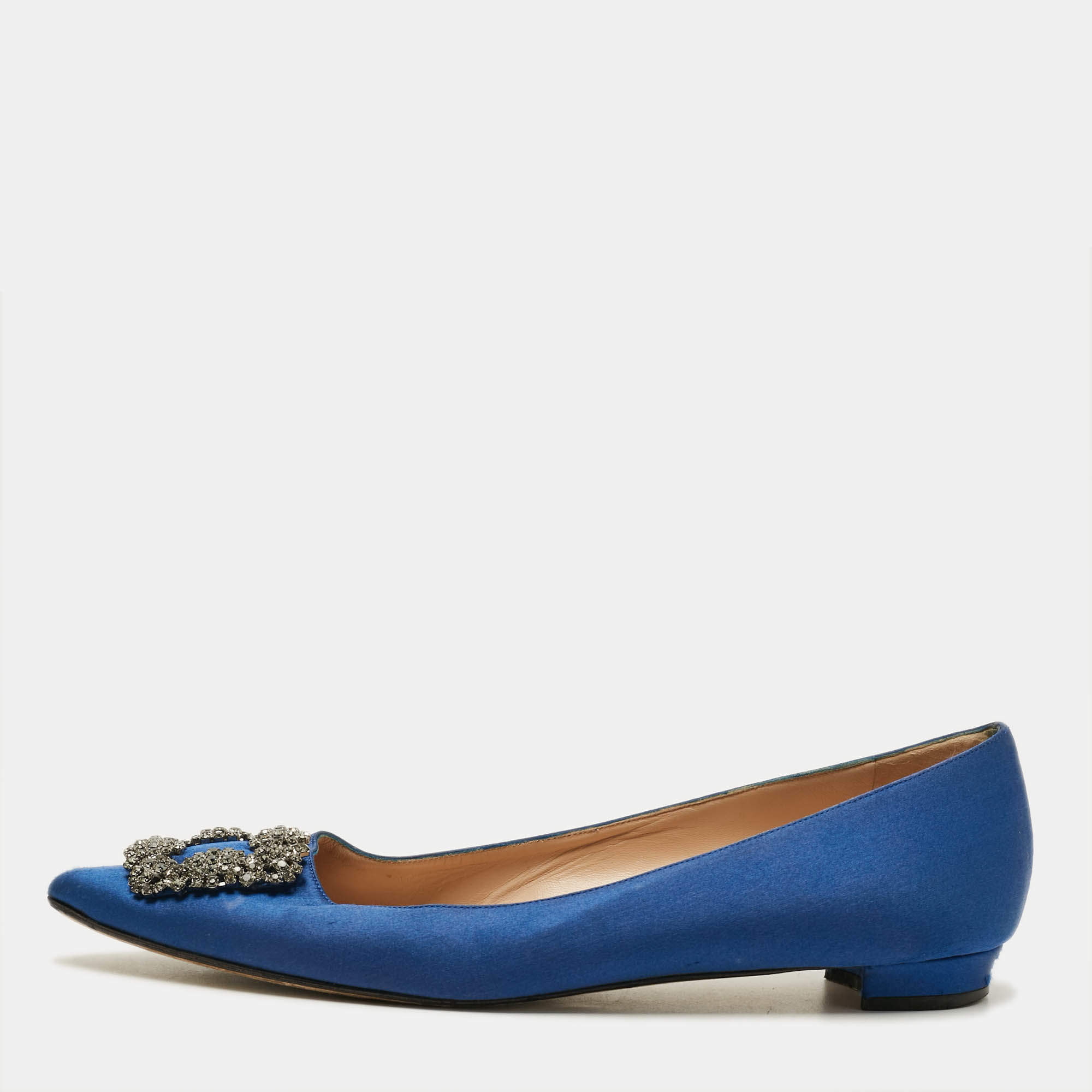 Pre Owned Manolo Blahnik Hangisi Size 41 Blue Satin Ballet Flats