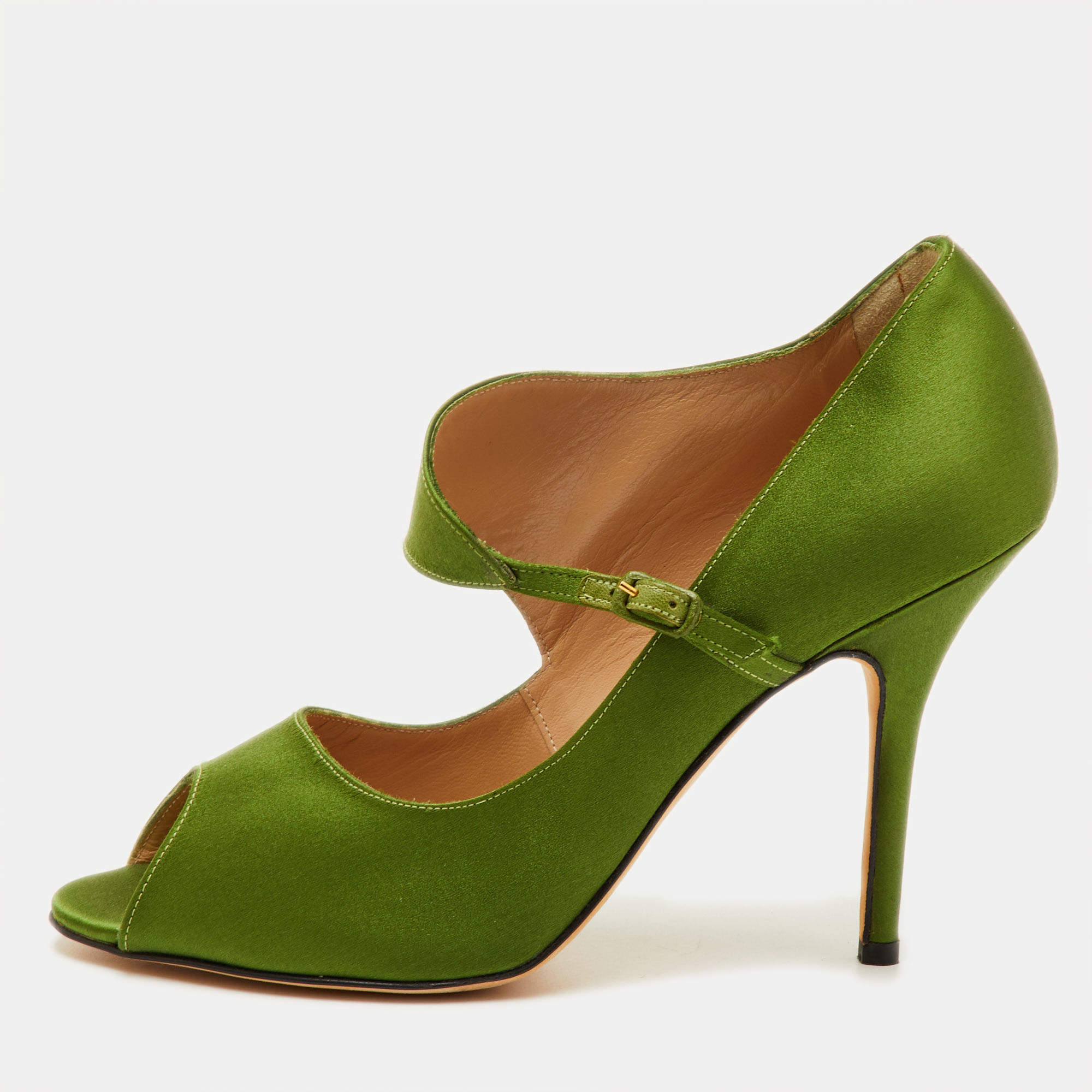 مملوكة مسبقًا Manolo Blahnik Size 39 Green Satin Mary Jane Peep Toe Pumps