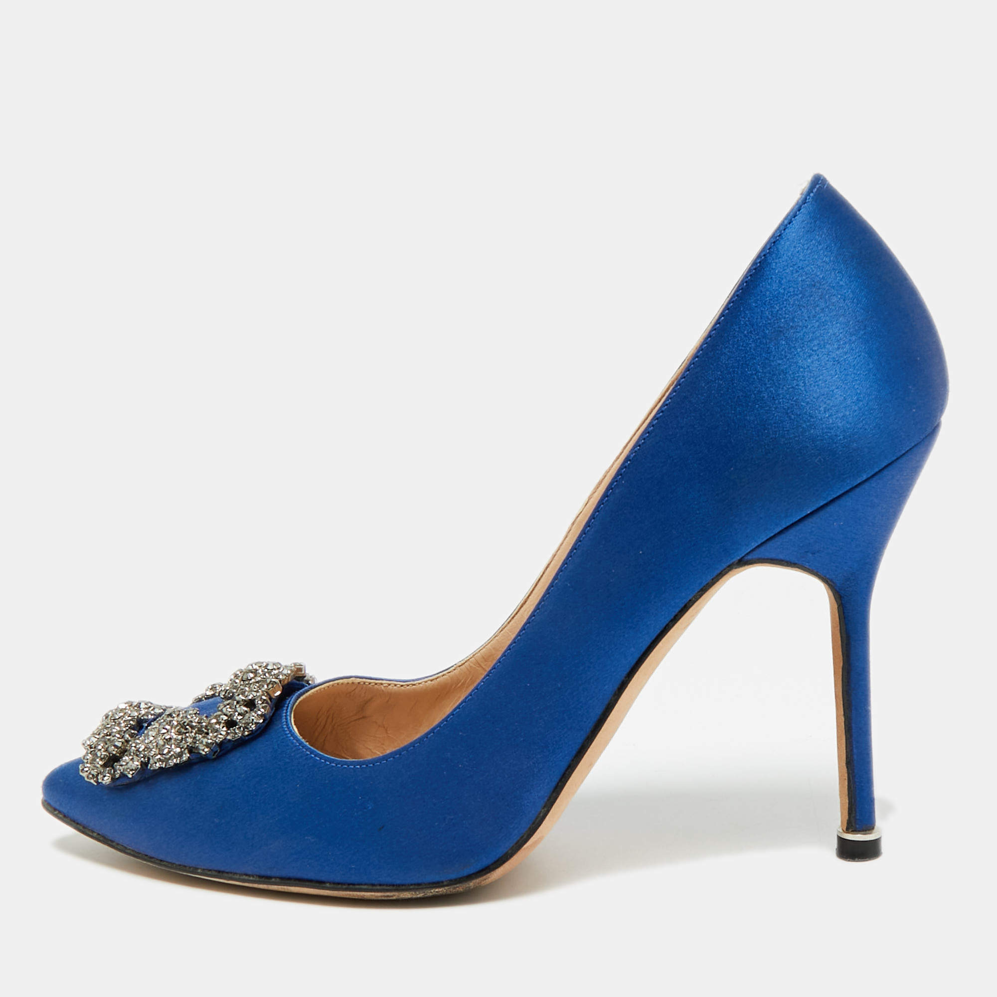 Pre Owned Manolo Blahnik Hangisi Size 38 Blue Satin Pumps