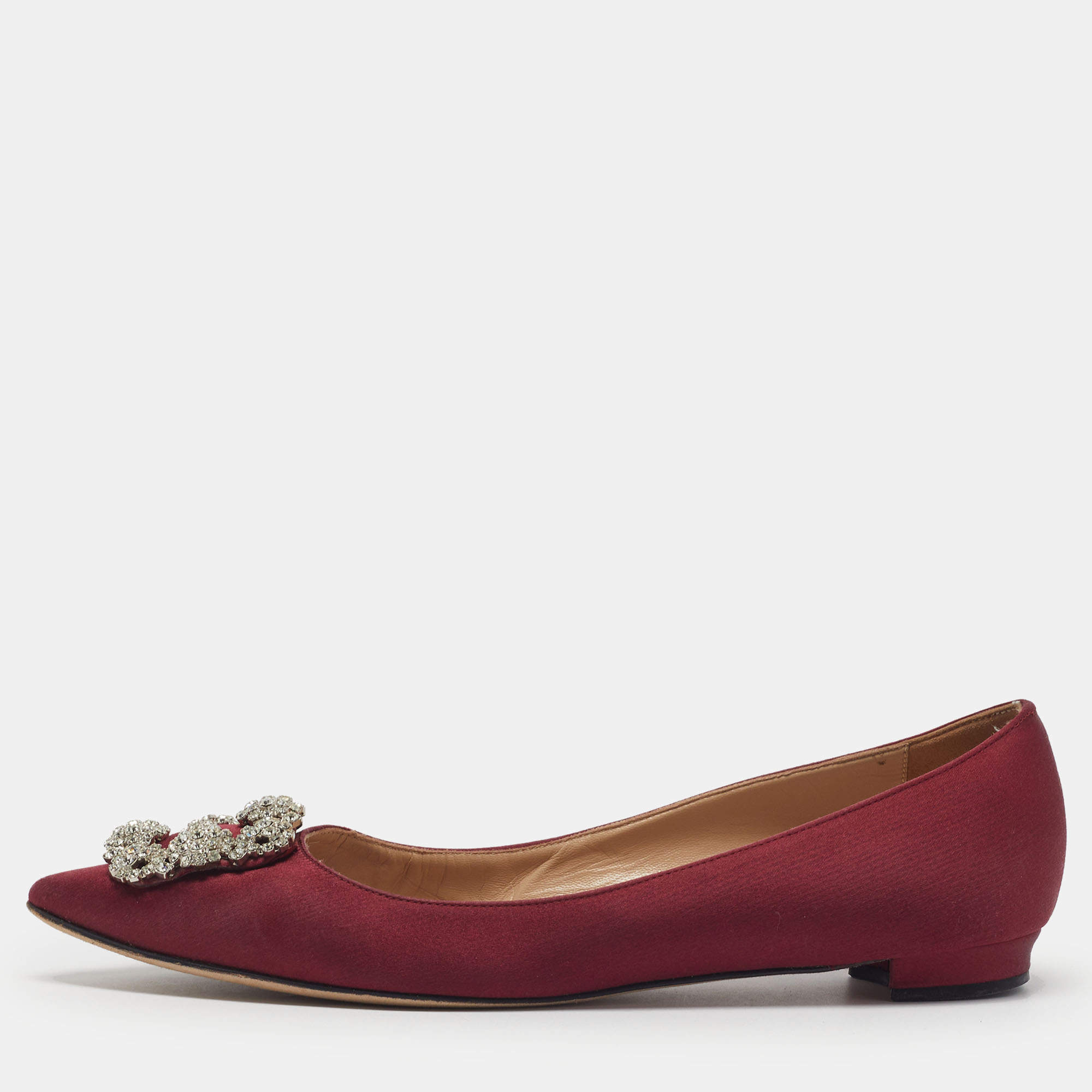 Pre Owned Manolo Blahnik Hangisi Size 39.5 Burgundy Satin Ballet Flats