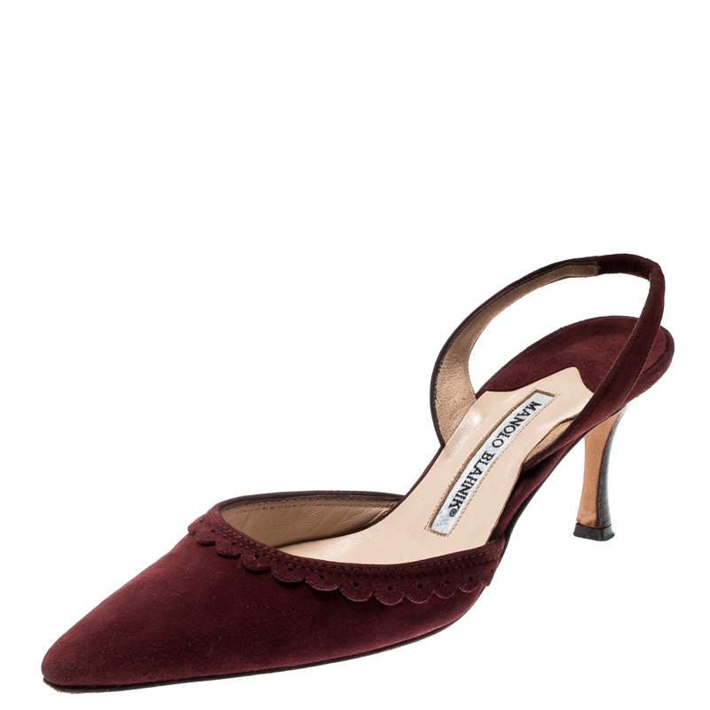 Pre Owned صندل مانولو بلانيك فتحة كعب حواف متعرجة مقدمة مدببة سويدي واين حمراء داكنة مقاس 37