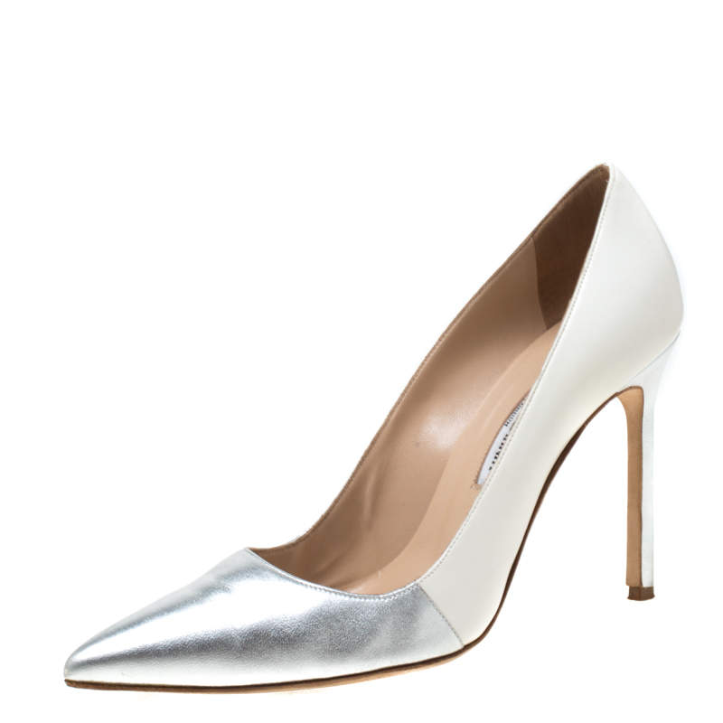 Manolo Blahnik Metallic Silver And White Leather BB Pointed Toe Pumps Size 39