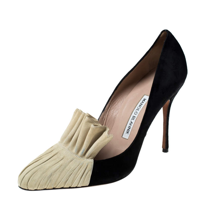 Manolo Blahnik Black And Beige Suede Arleti Frill Detail Pumps Size 39.5