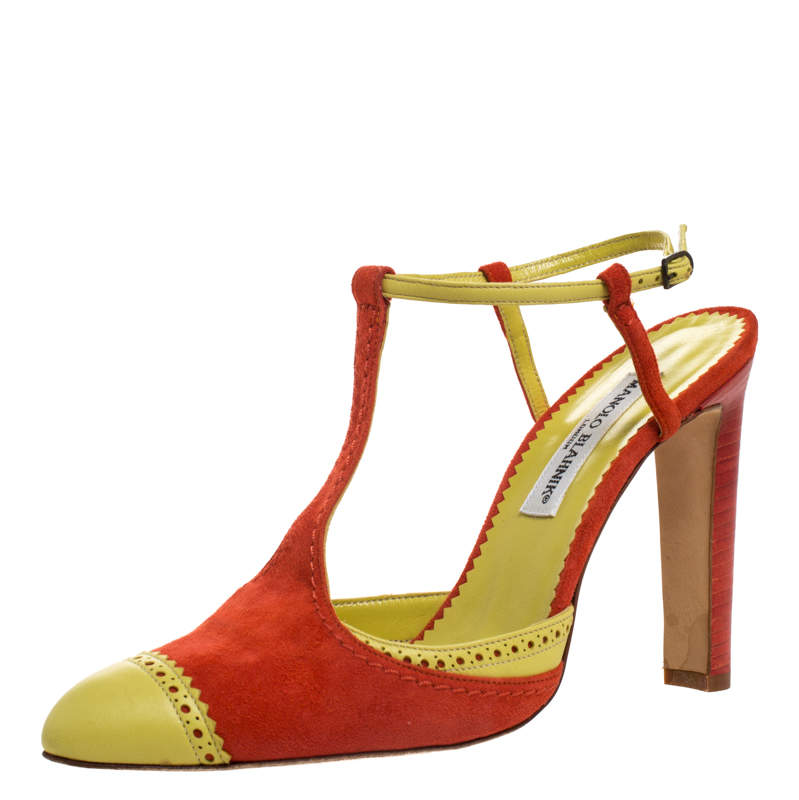 Manolo Blahnik Yellow/Orange Brogue Detail T-Bar Ankle Strap Sandals Size 40