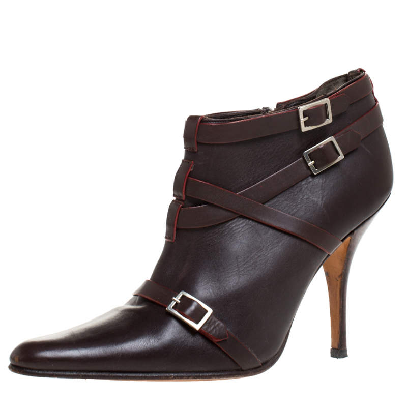 Pre Owned Manolo Blahnik Brown Leather Euodus Pointed Toe Booties Size 37.5