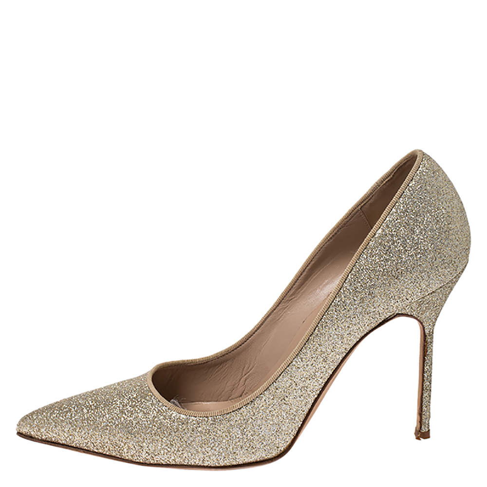 Pre Owned Manolo Blahnik Gold Glitter BB Pointed Toe Pumps Size 39.5