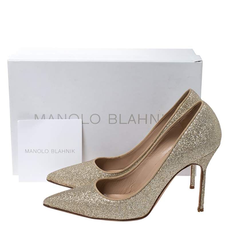 Pre Owned Manolo Blahnik Gold Glitter BB Pointed Toe Pumps Size 39.5
