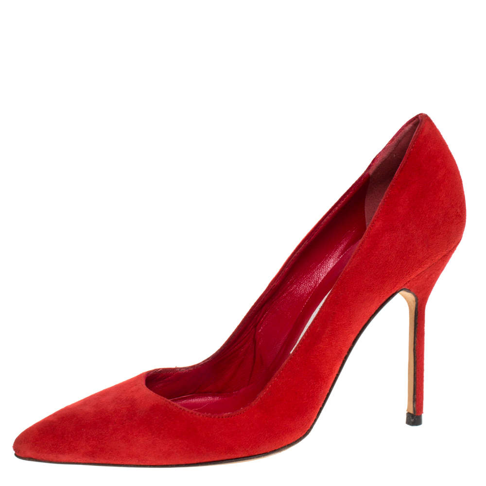 Manolo Blahnik Red Suede BB Pointed Toe Pumps Size 35