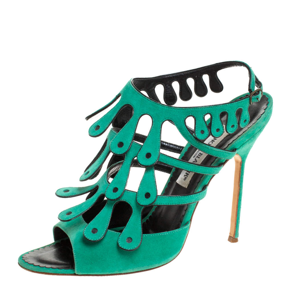 Manolo Blahnik Green Suede Strappy Ankle Strap Sandals Size 41 Manolo ...