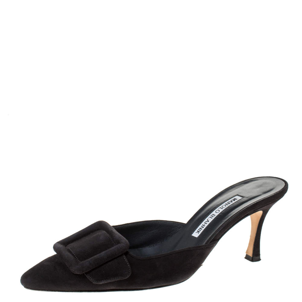 Pre Owned صندل سلايد مانولو بلانيك "مايسال" بمقدمة مدببة سويدي و جلد أسود مقاس 37.5