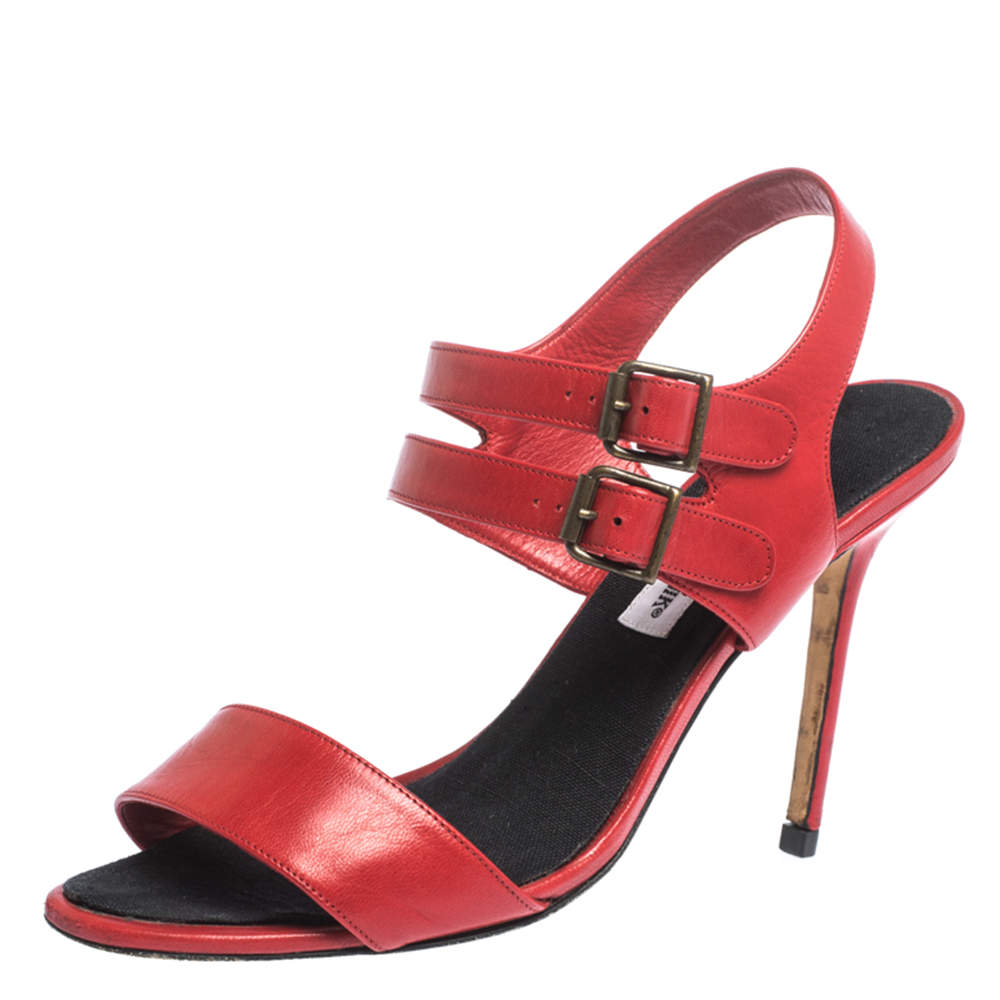 Manolo Blahnik Red Leather Bakhita Double Buckle Strappy Sandals 40 ...