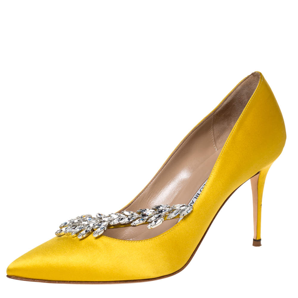 Manolo Blahnik Yellow Satin Nadira Crystal Embellished Pointed Toe ...