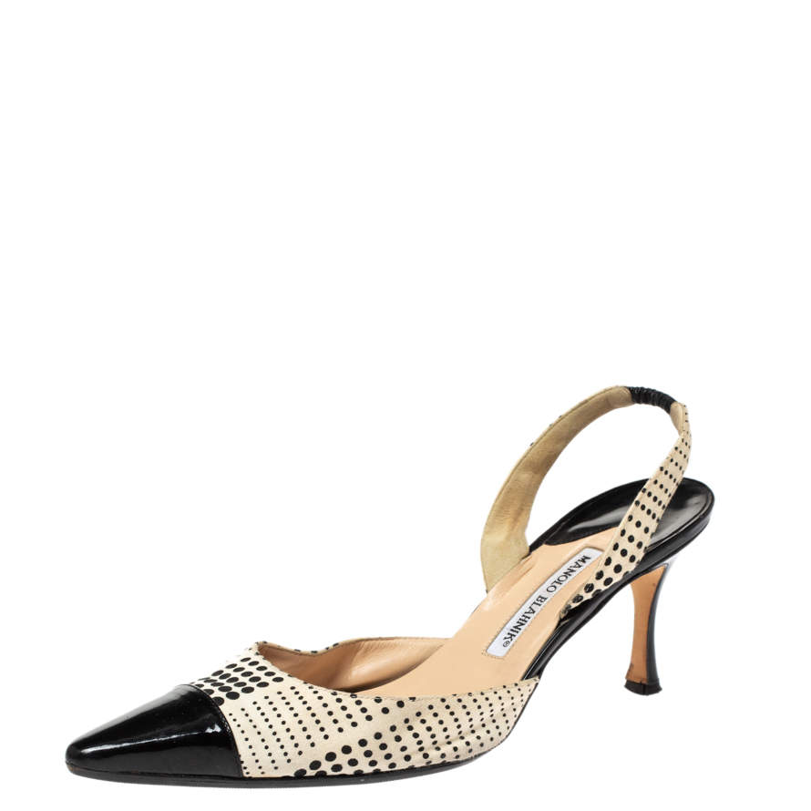Manolo Blahnik Black/White Fabric And Patent Cap Toe Carolyne Slingback Sandals Size 41