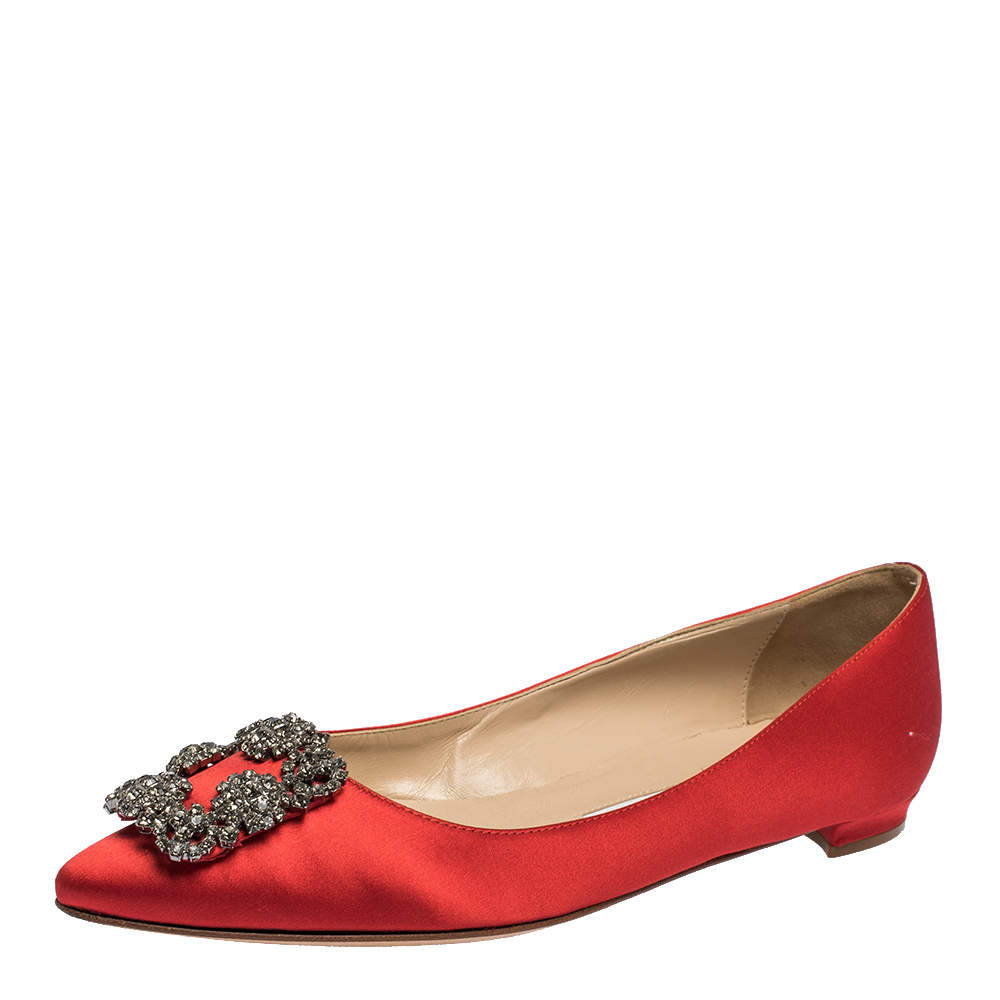 Pre Owned Manolo Blahnik Red Satin Hangisi Crystal Embellished Ballet Flats Size 38.5